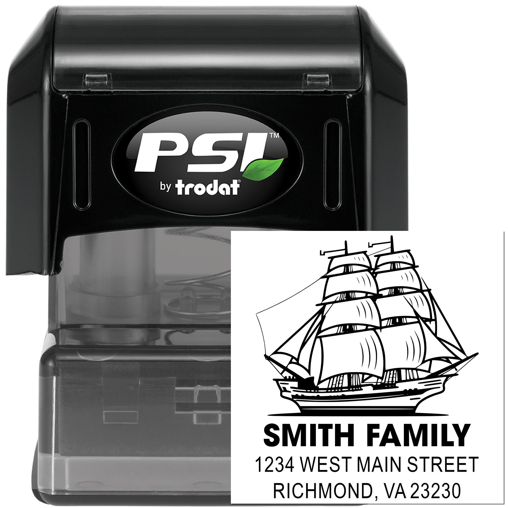 PSI by Trodat self-inking custom rubber address stamp with sailing ship design for Smith Family, Richmond VA 23230