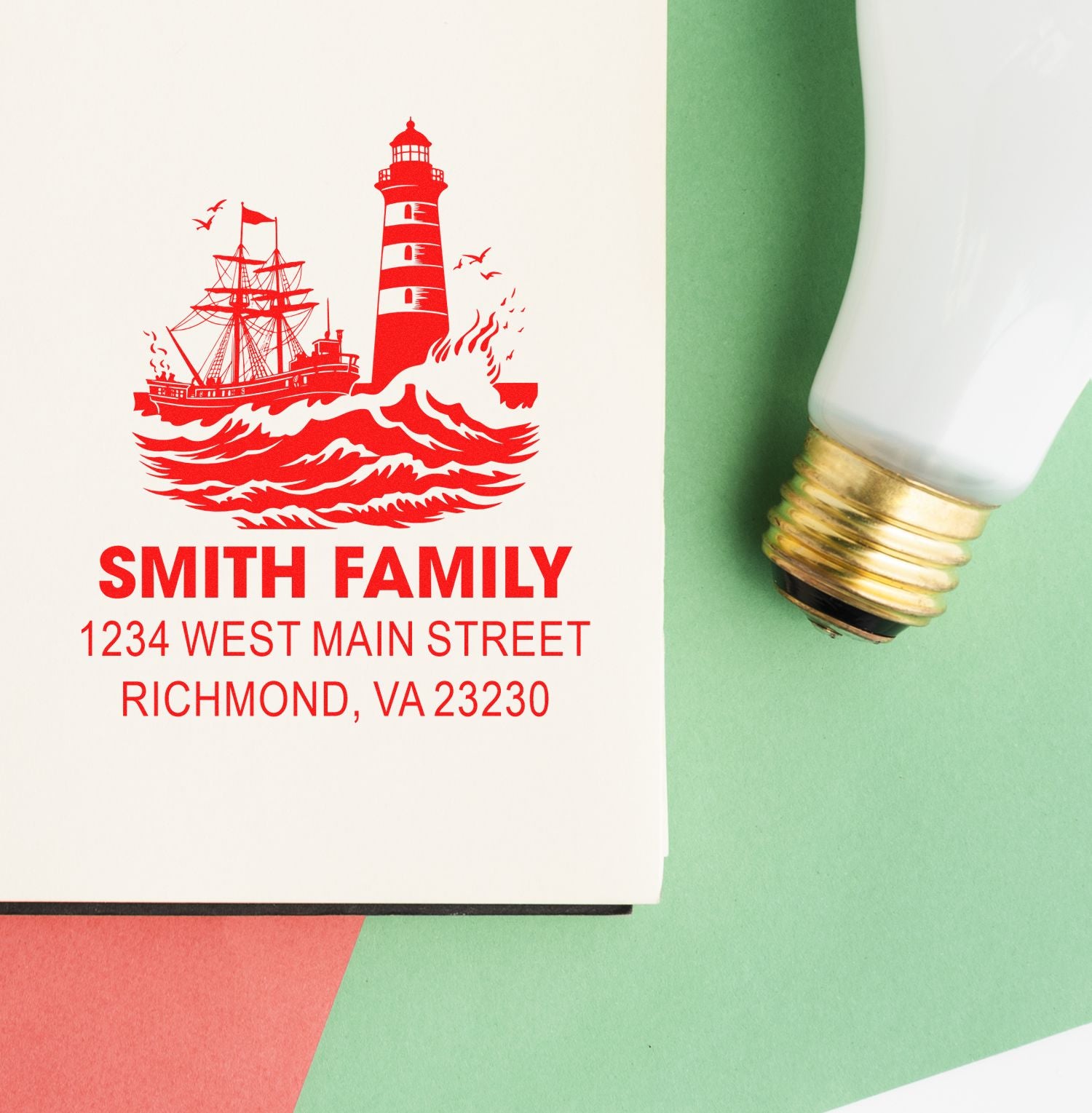 Custom lighthouse return address rubber stamp for Smith Family, featuring ship design and Richmond, VA address.