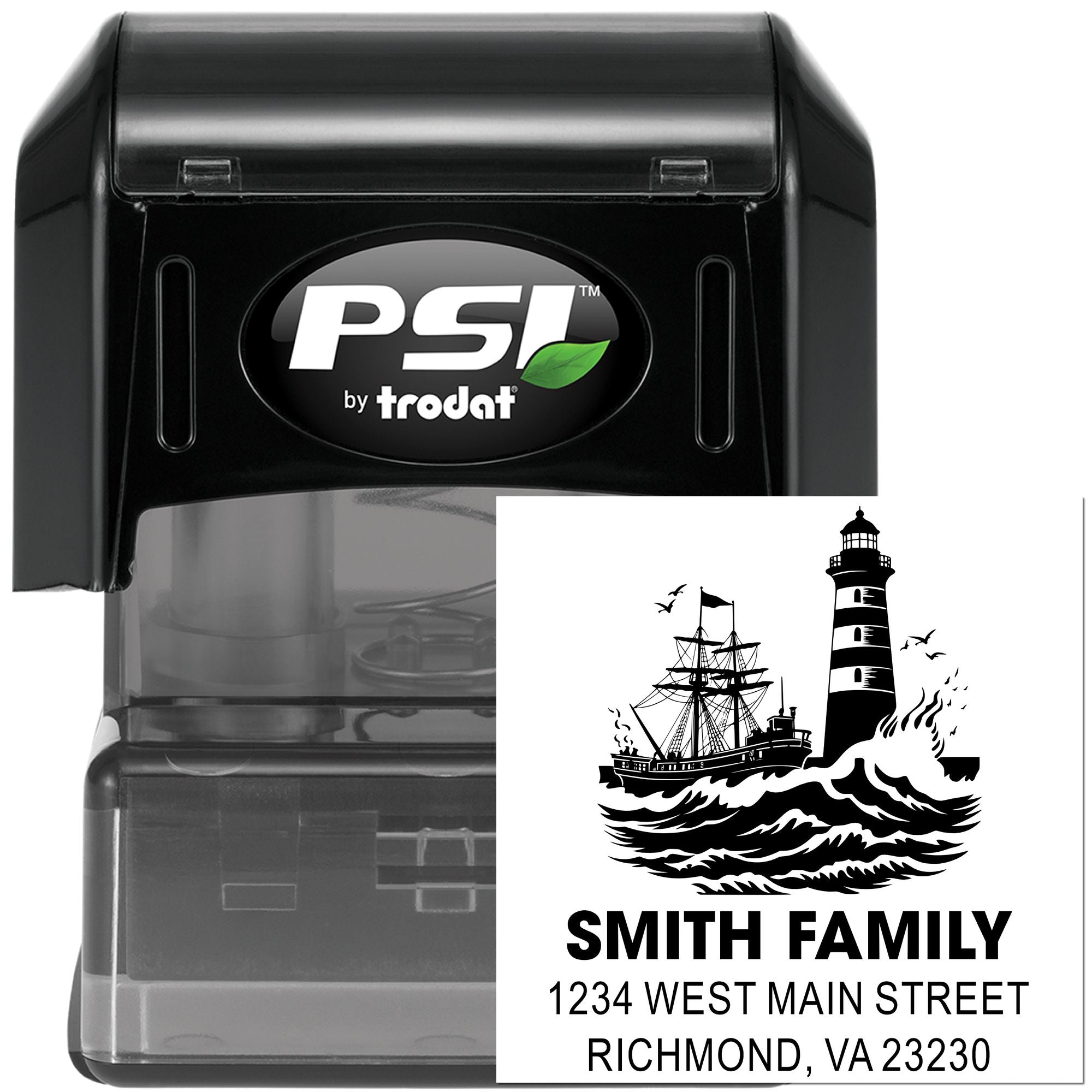 PSI by Trodat custom self-inking address rubber stamp with lighthouse and ship design for family mailings.