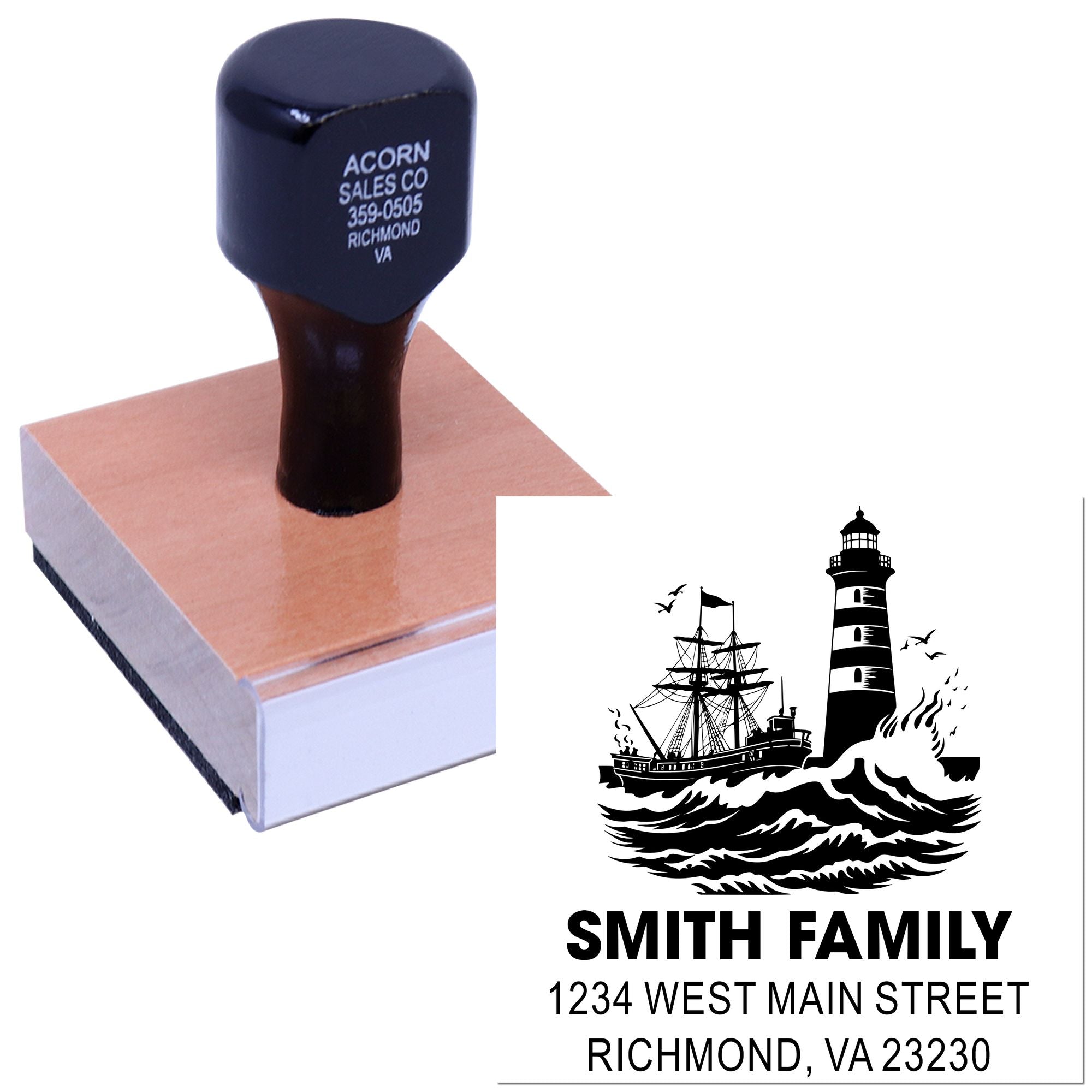 Custom rubber address stamp with lighthouse ship design for Smith Family return mailing in Richmond, VA.