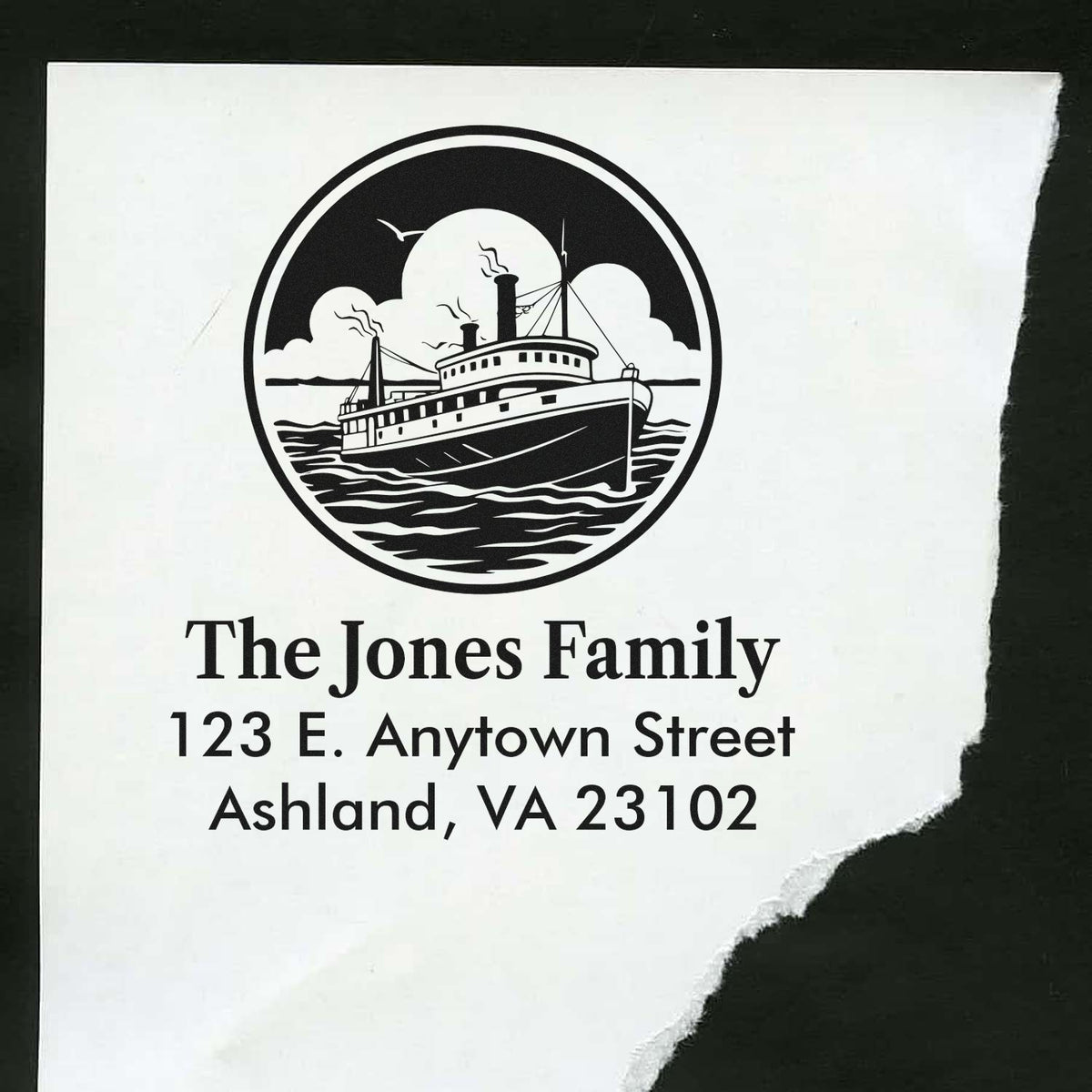 Custom return address rubber stamp with steamboat logo for The Jones Family, Ashland, VA 23102.