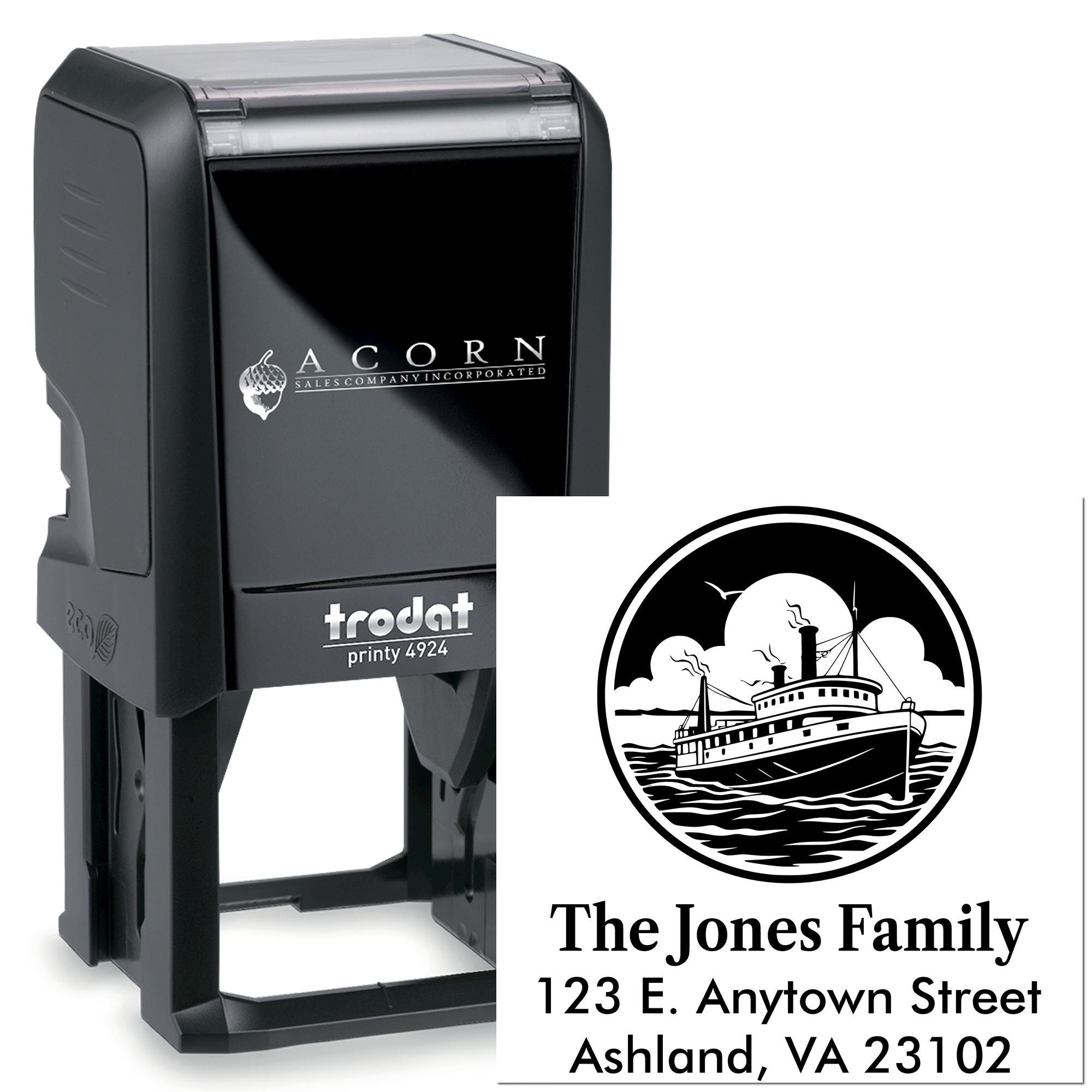 Trodat Printy 4924 custom self-inking return address stamp with steamboat family logo, Jones Family, Ashland VA 23102