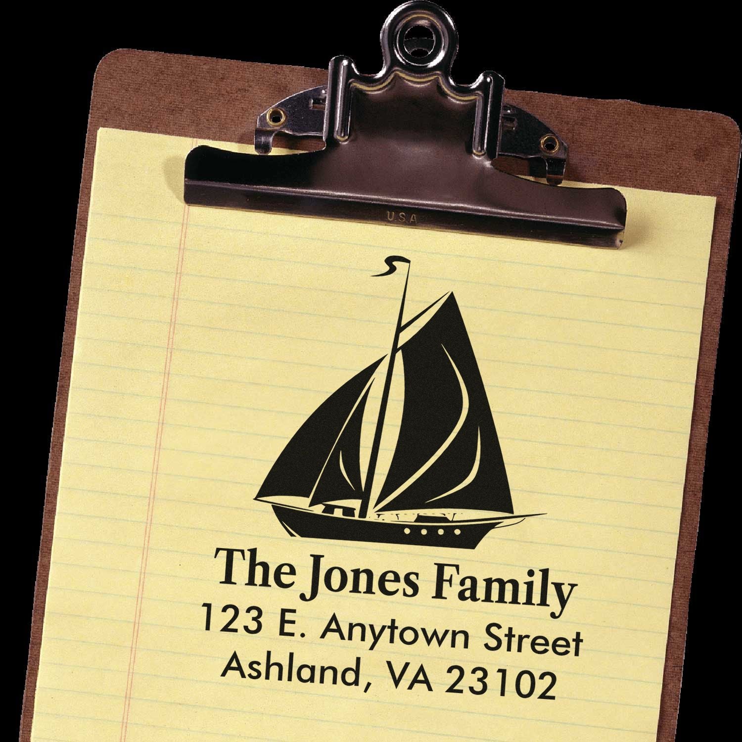 Personalized sailboat family return address rubber stamp with The Jones Family, Ashland, VA 23102