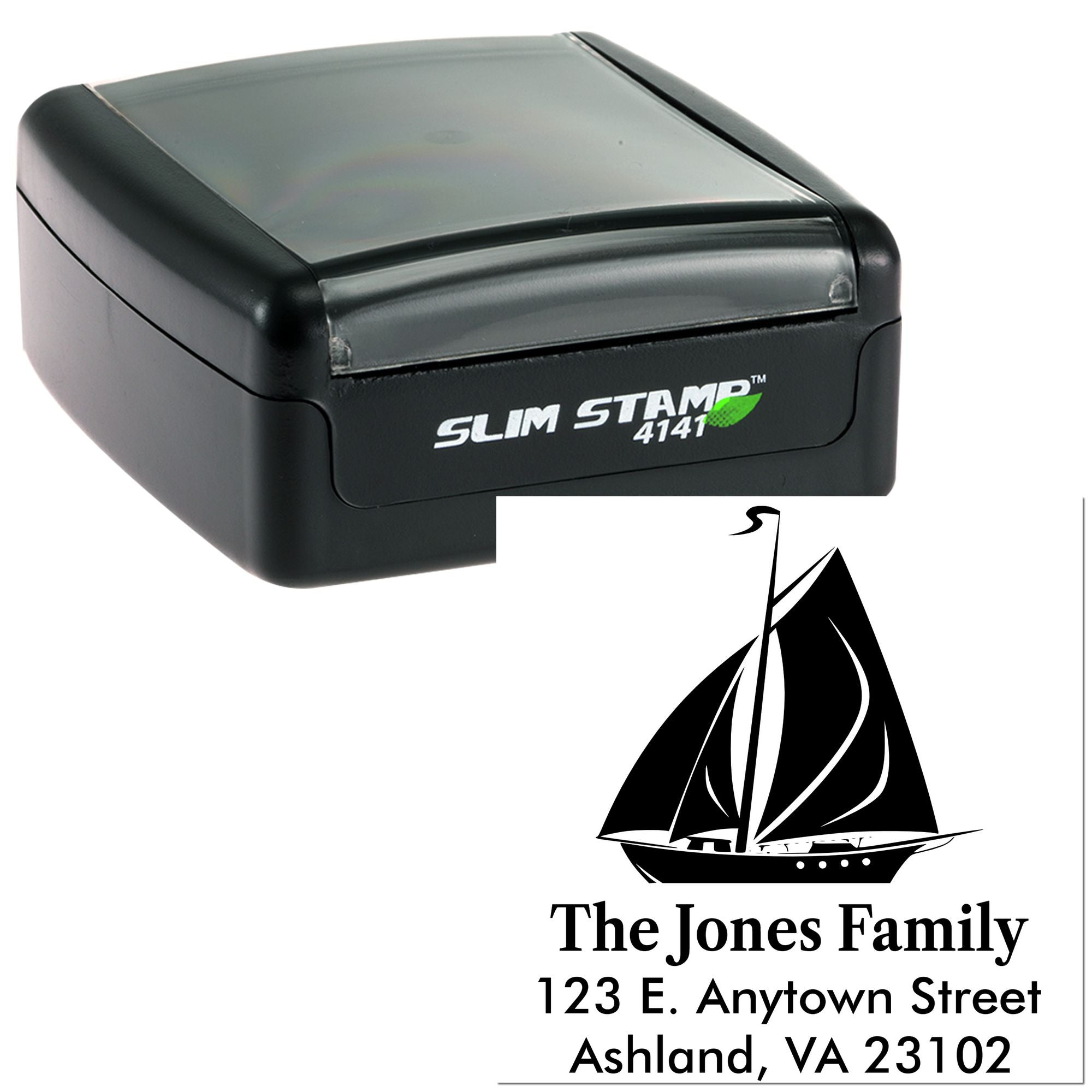 Custom self-inking rubber stamp with sailboat address design for The Jones Family in Ashland, VA.