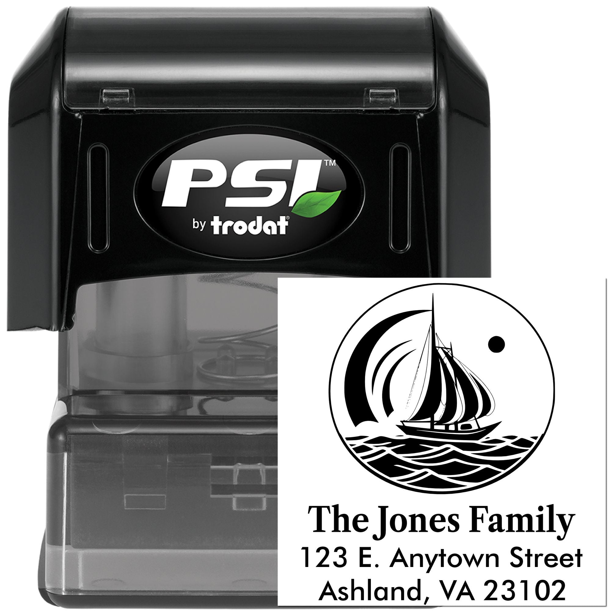 Custom self-inking address stamp with sailboat family logo, PSI by Trodat, for personalized return mailing.