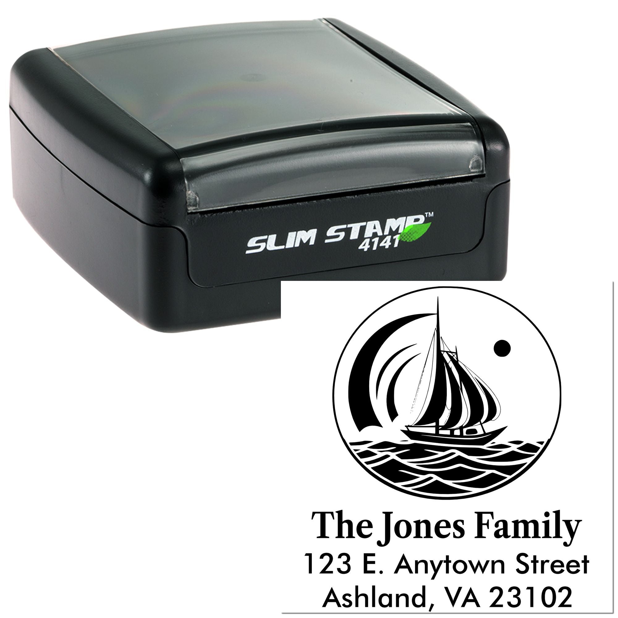 Custom self-inking rubber address stamp with sailboat logo and The Jones Family return address.
