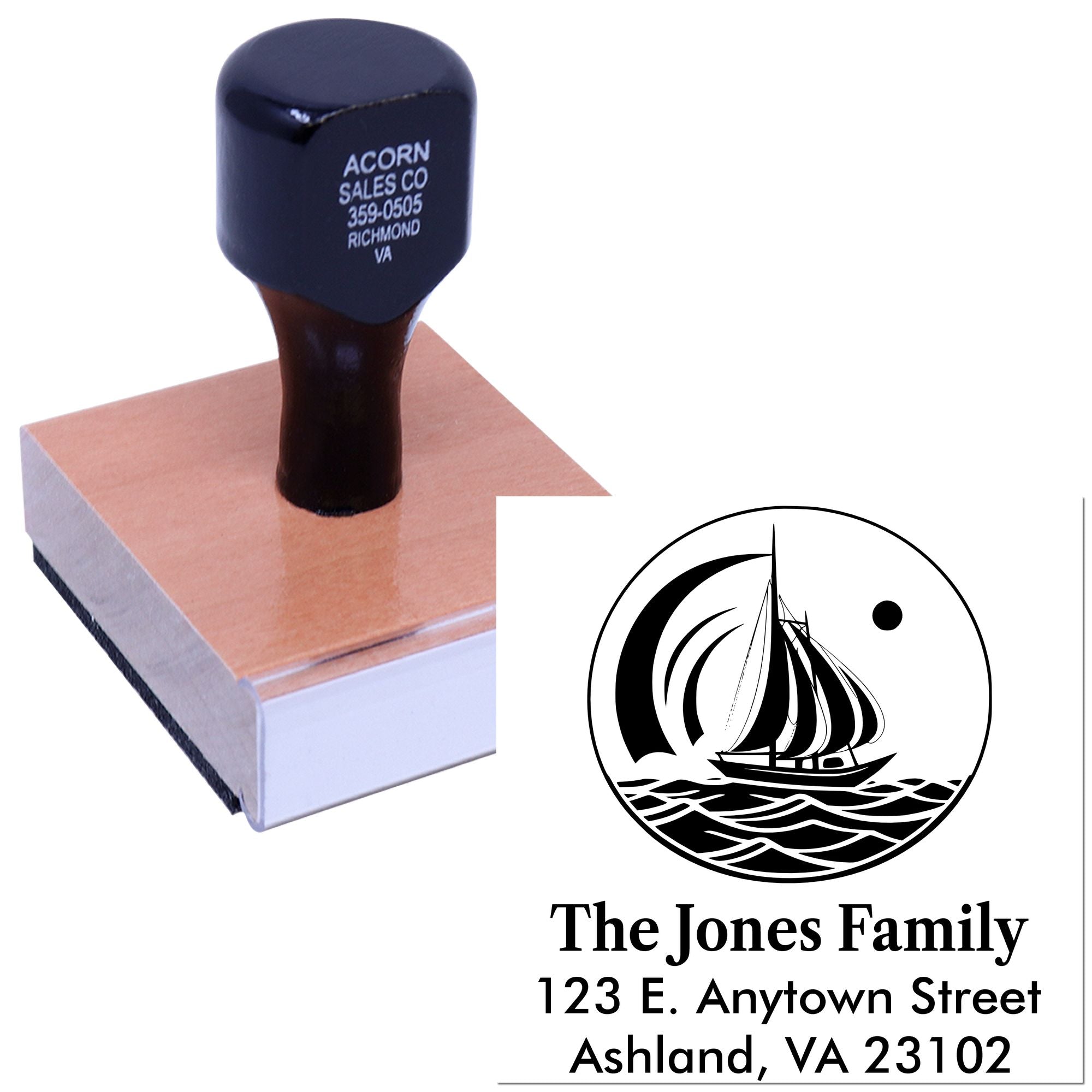 Custom rubber return address stamp with sailboat family design for personalized mailing and envelopes.