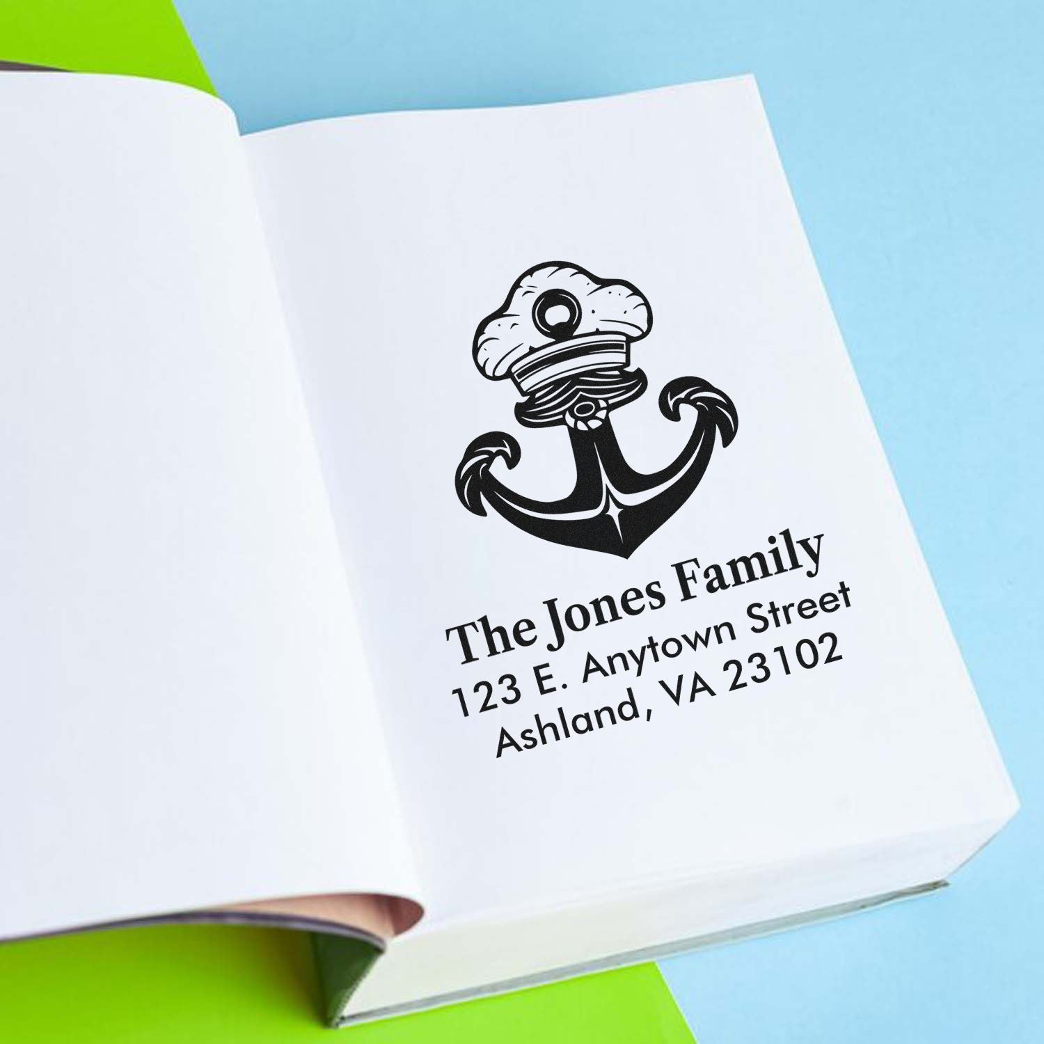 Custom rubber return address stamp with anchor design for The Jones Family, Ashland VA.