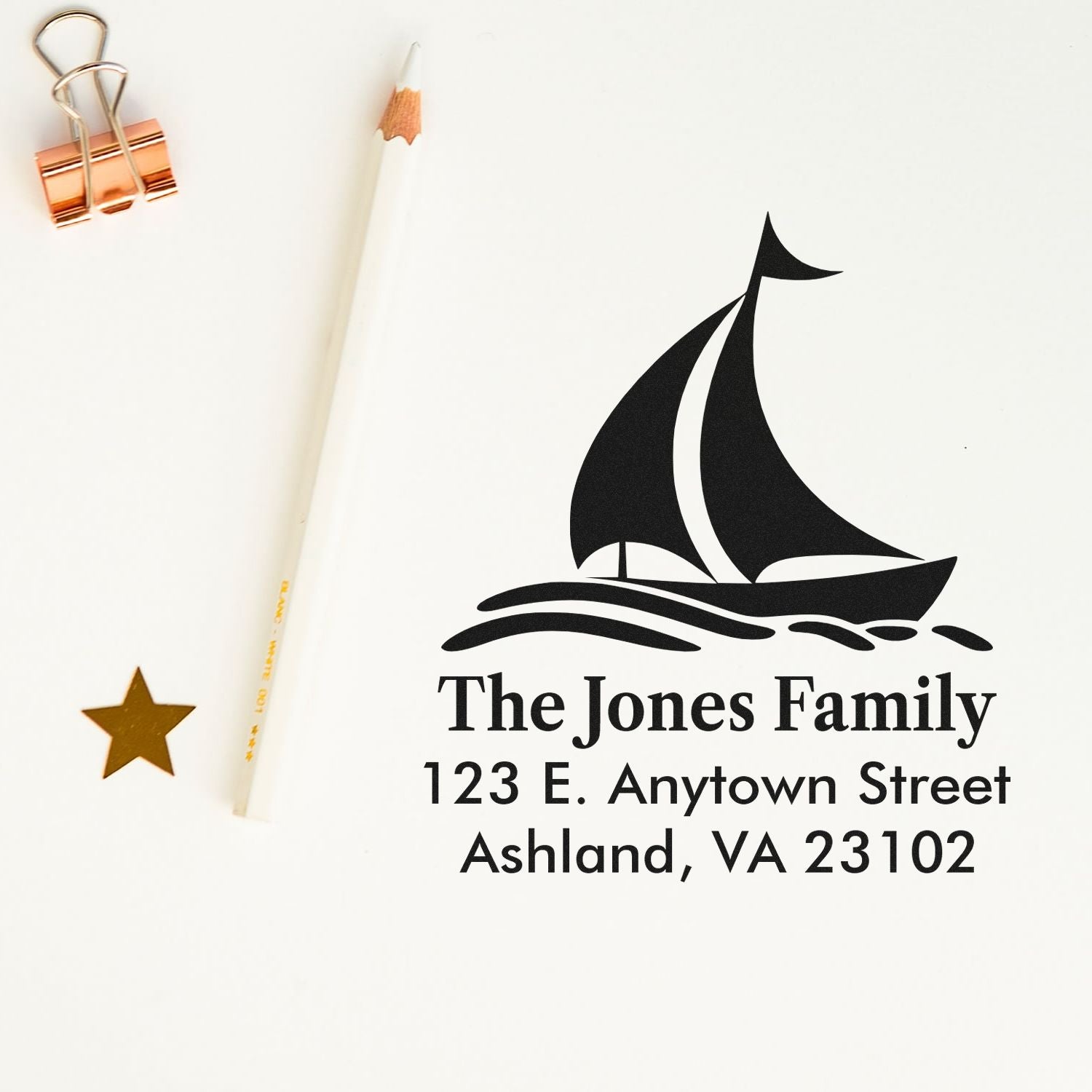 Custom sailboat return address rubber stamp for The Jones Family, personalized nautical address stamp for stationery and mail.
