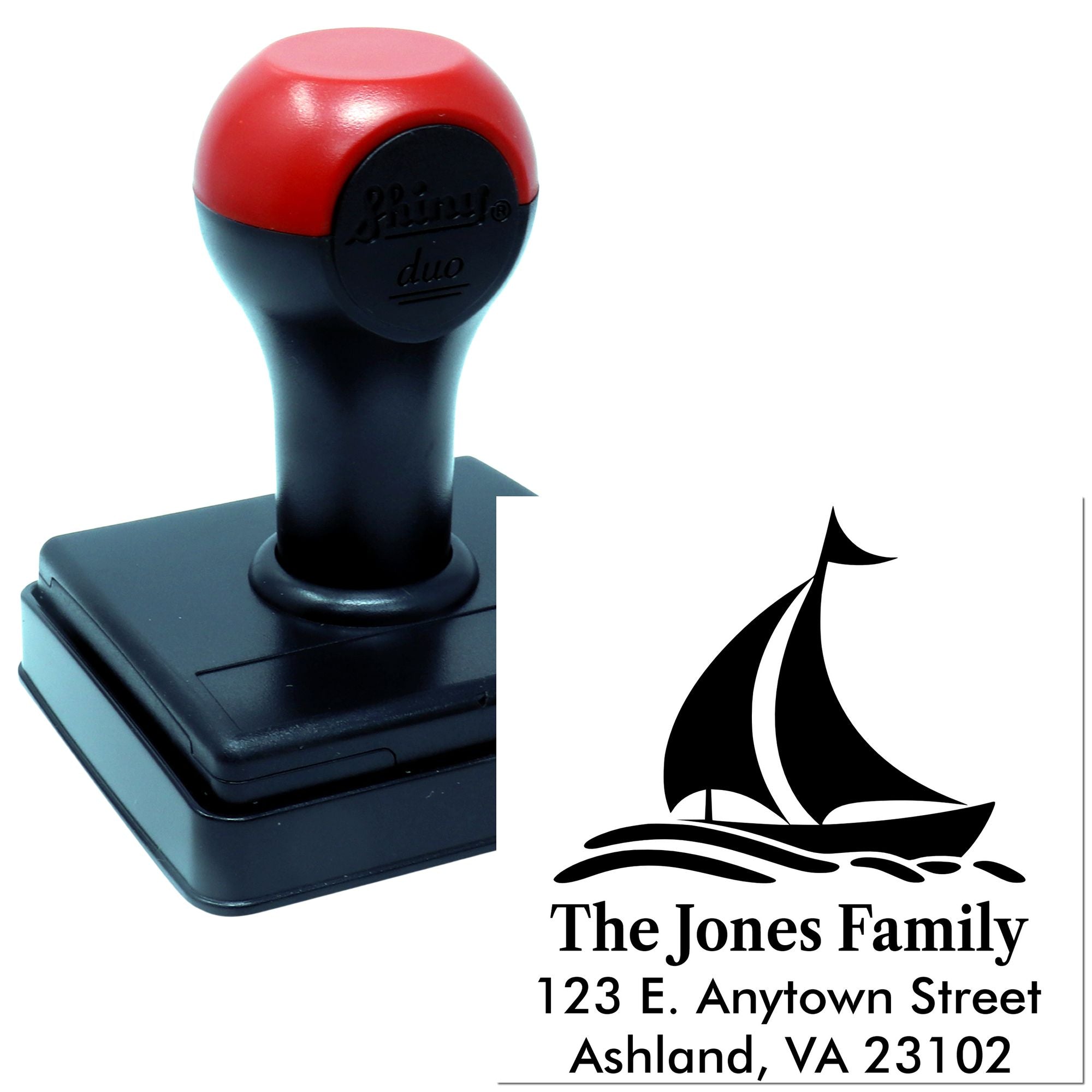 Custom self-inking family return address rubber stamp with sailboat design and personalized home address