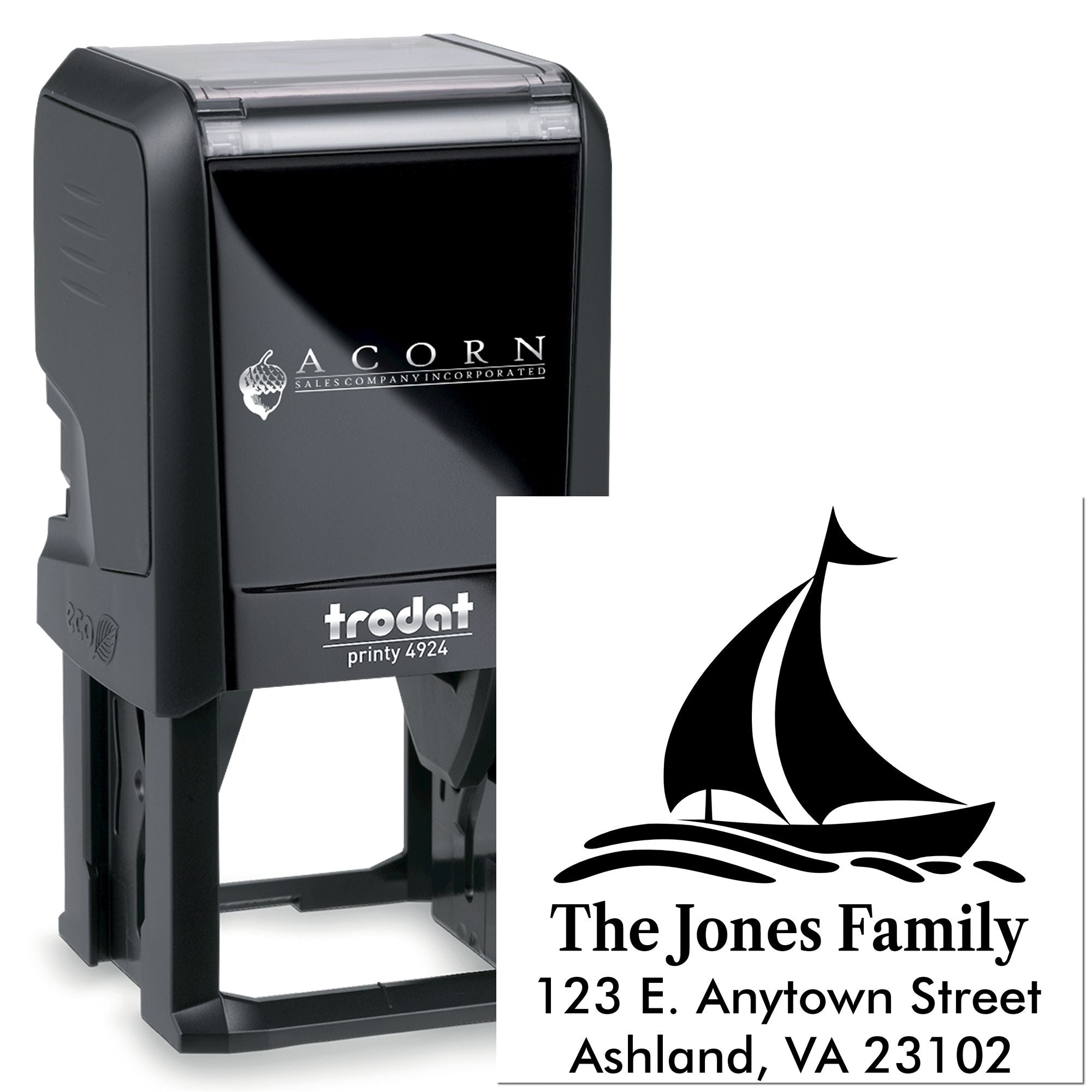 Custom self-inking return address rubber stamp with sailboat design for The Jones Family mailing labels