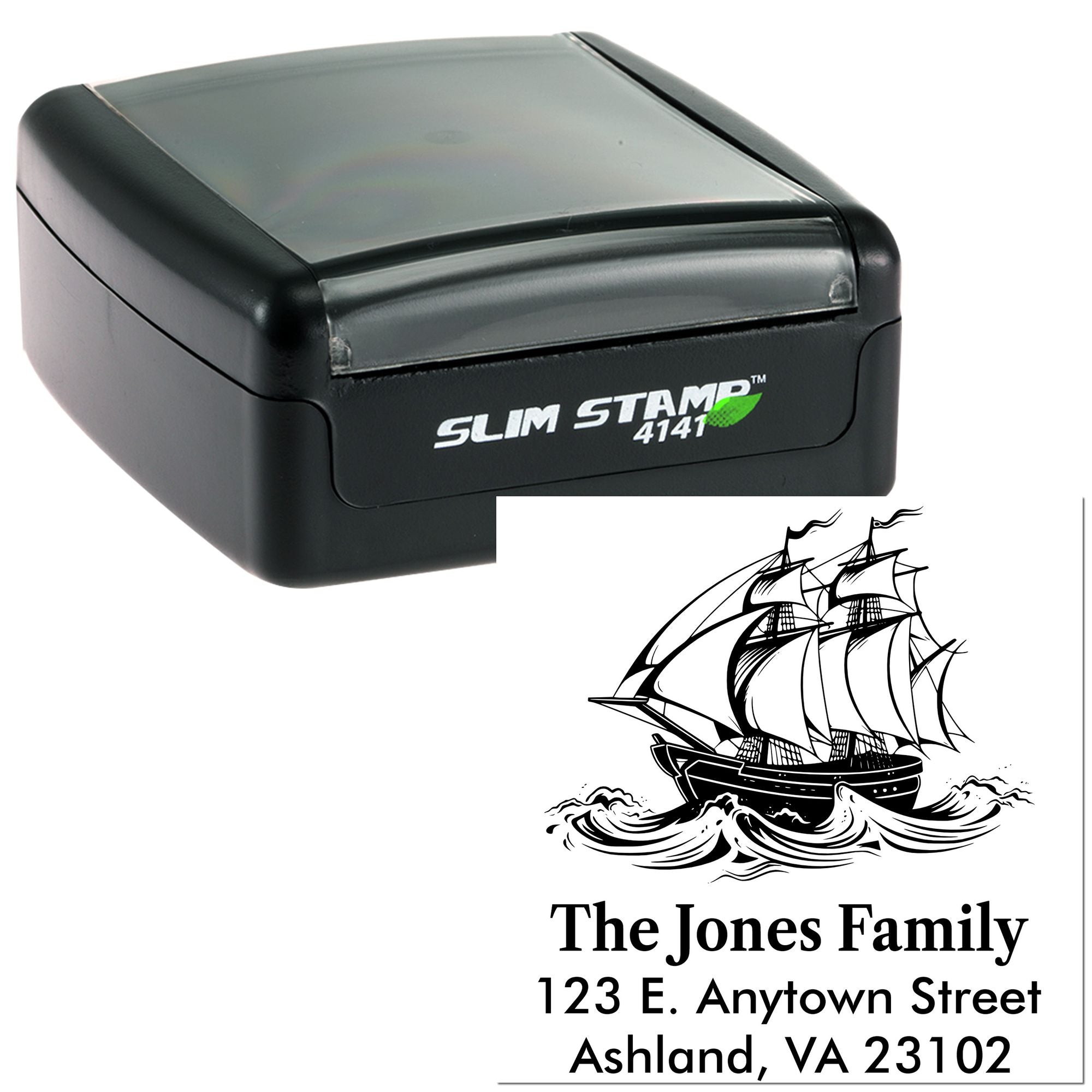 Custom self-inking return address stamp with nautical ship design for personalized family mailing and rubber stamping.