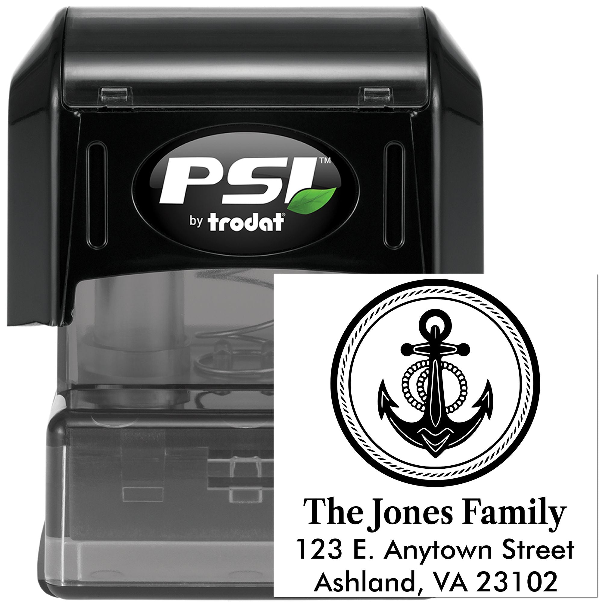 Custom self-inking rubber address stamp with anchor monogram for The Jones Family, ideal for personalized mailing and return addresses.