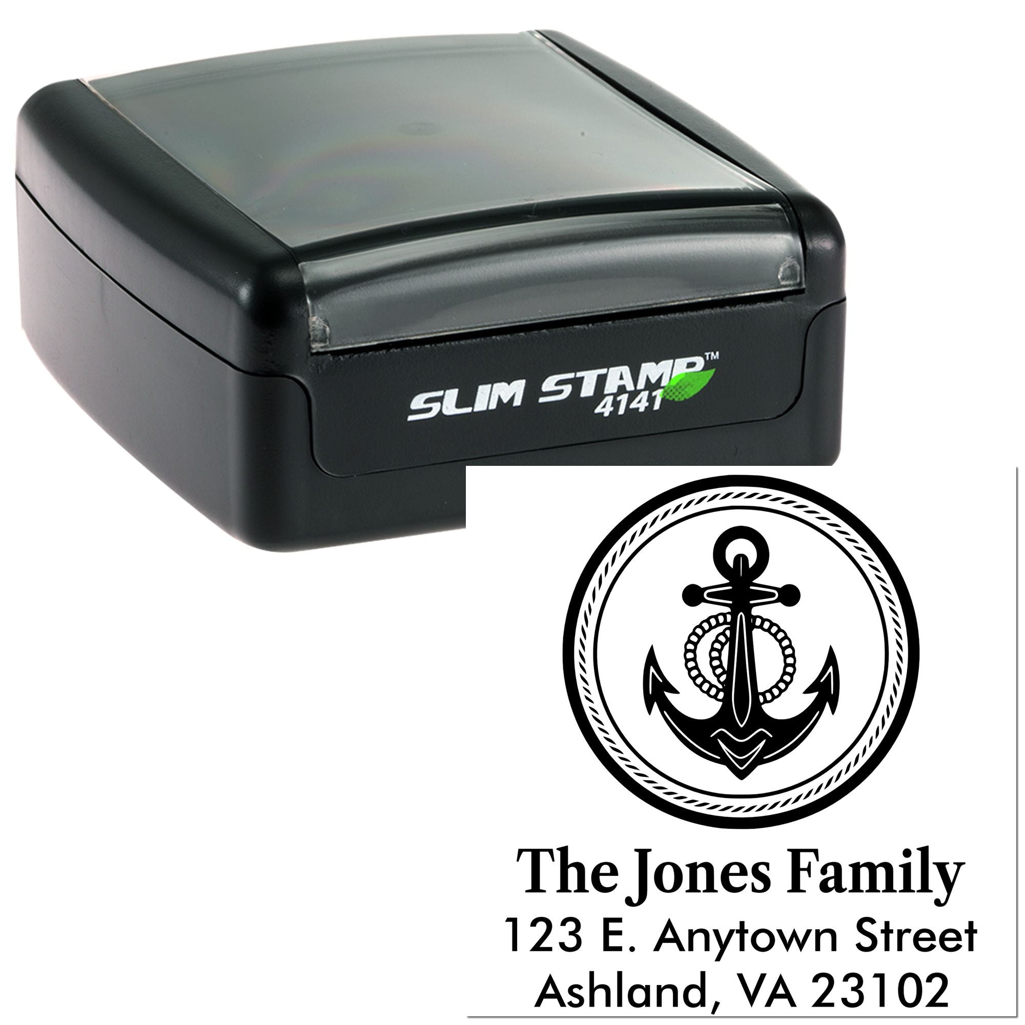 Custom self-inking rubber stamp with anchor return address design for The Jones Family, Ashland, VA.