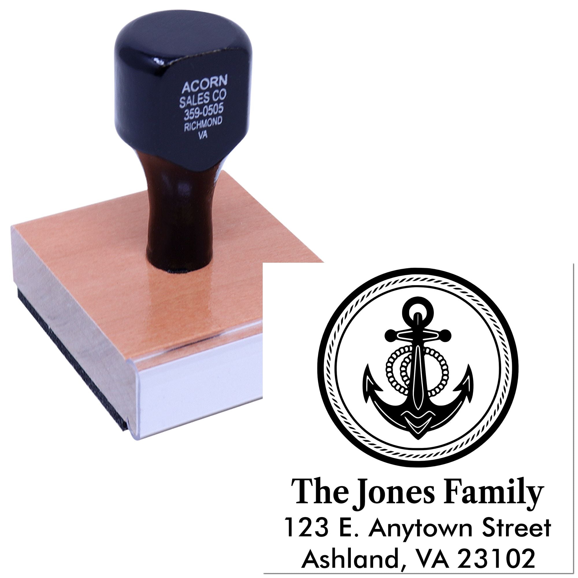 Custom nautical return address rubber stamp with anchor design for The Jones Family
