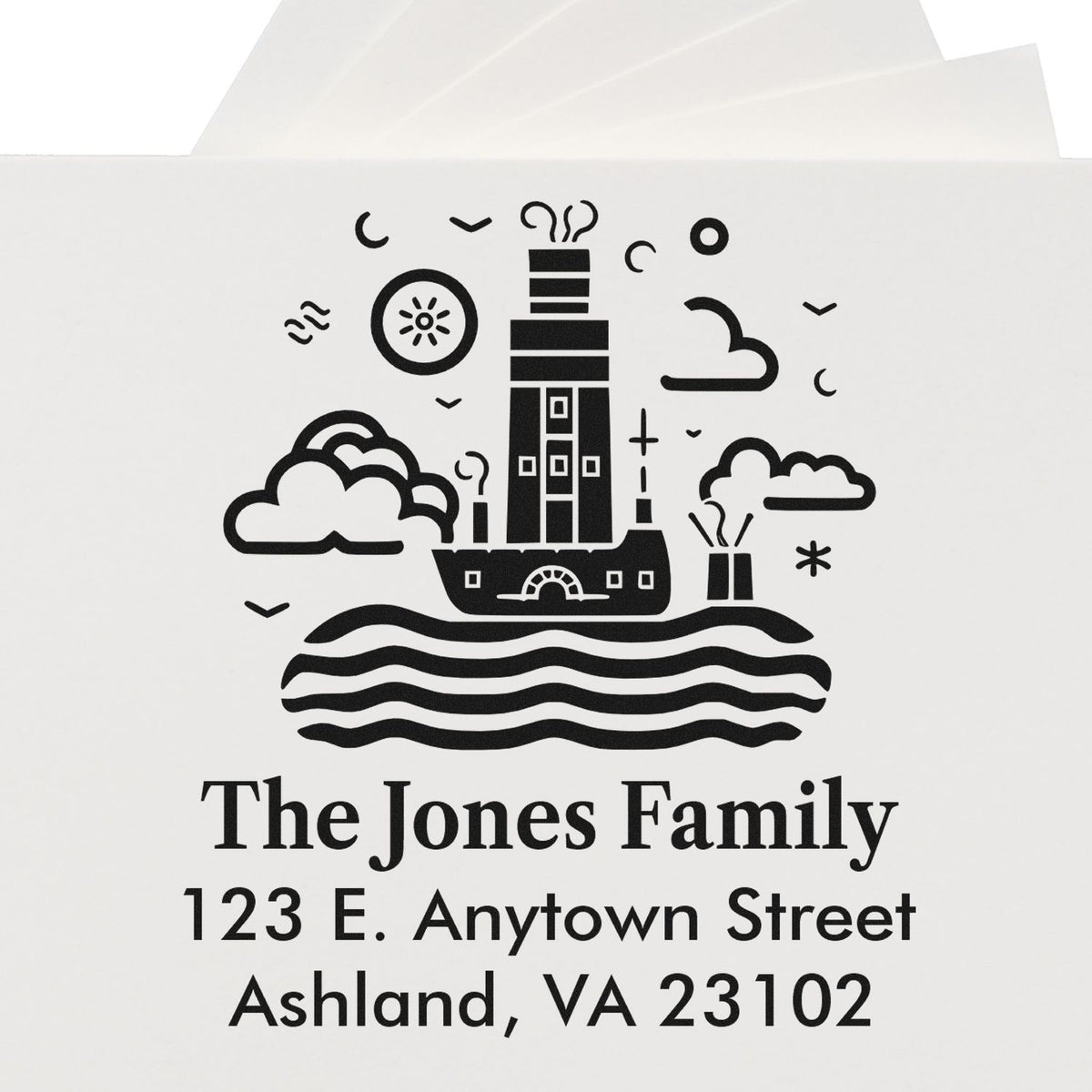 Custom personalized lighthouse return address rubber stamp for The Jones Family, 123 E. Anytown Street, Ashland, VA 23102.