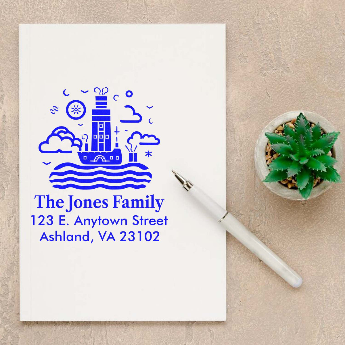 Custom family return address rubber stamp with nautical skyline design and personalized name and address for envelopes.
