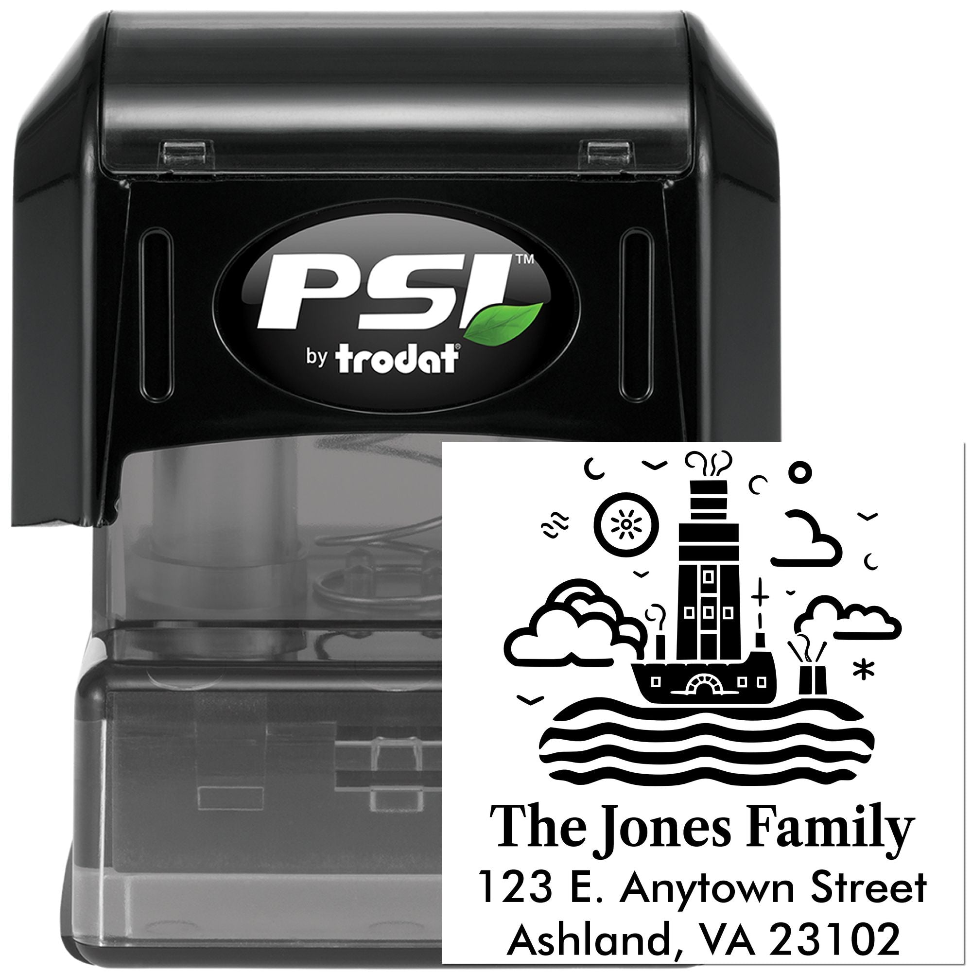 Custom self-inking rubber address stamp by PSI Trodat with family name, address and lighthouse design