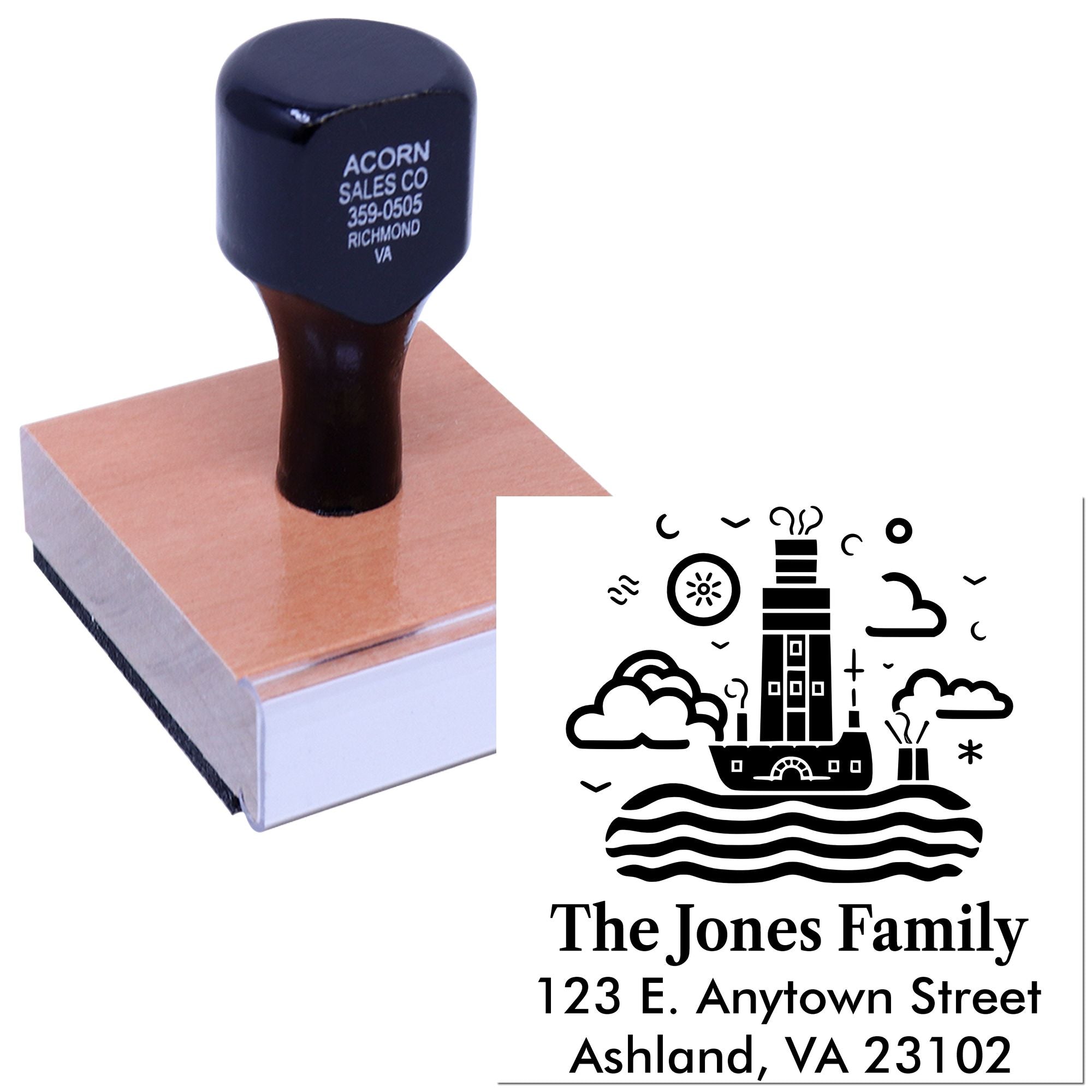 Custom rubber return address stamp with lighthouse family design and personalized address imprint