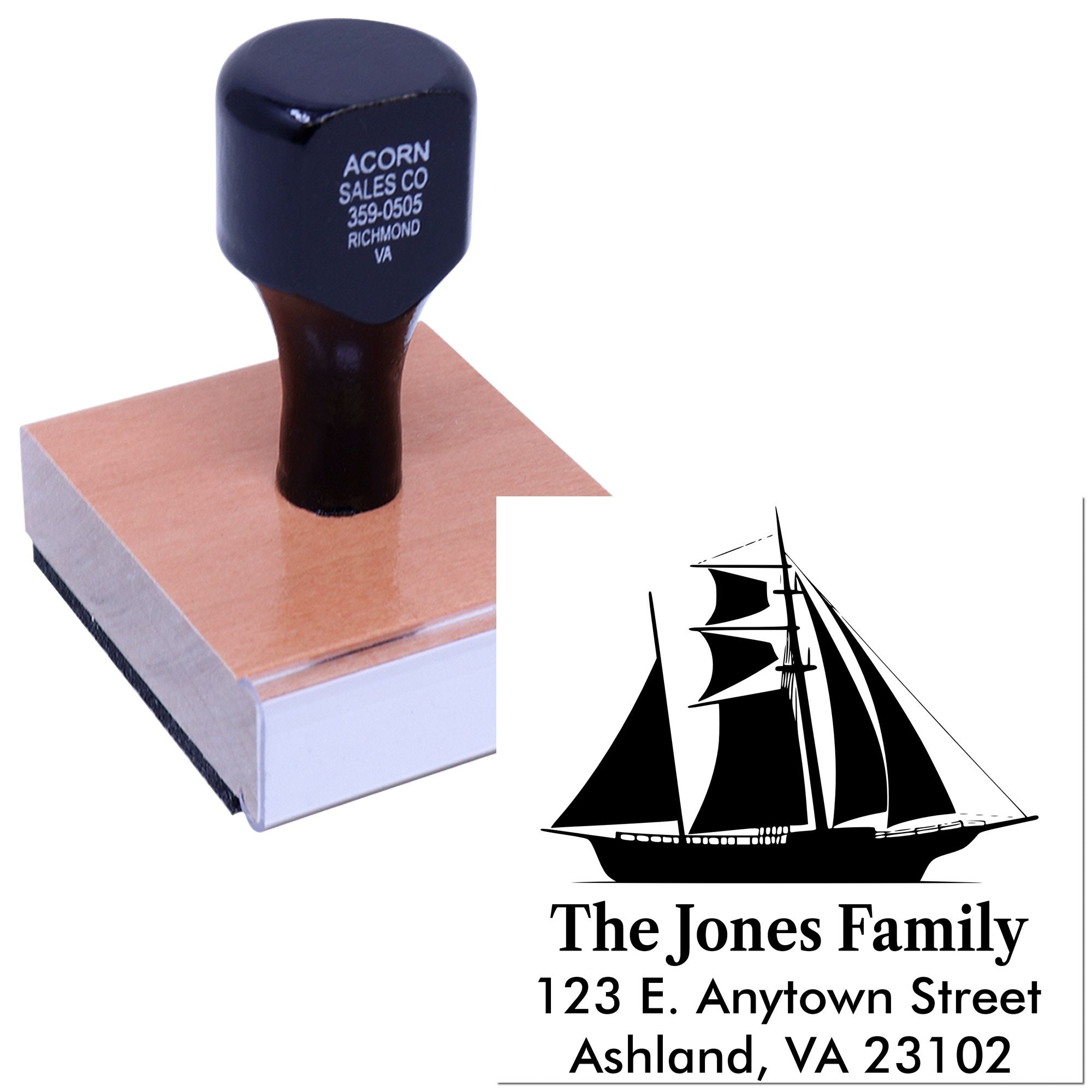 Custom return address rubber stamp with sailboat design for The Jones Family, showing a personalized name and address imprint.