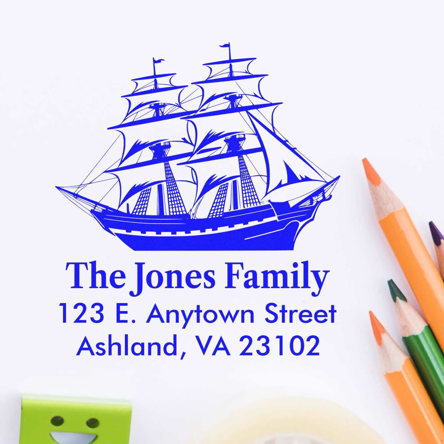 Personalized family address rubber stamp with sailing ship logo, The Jones Family, Ashland, VA 23102