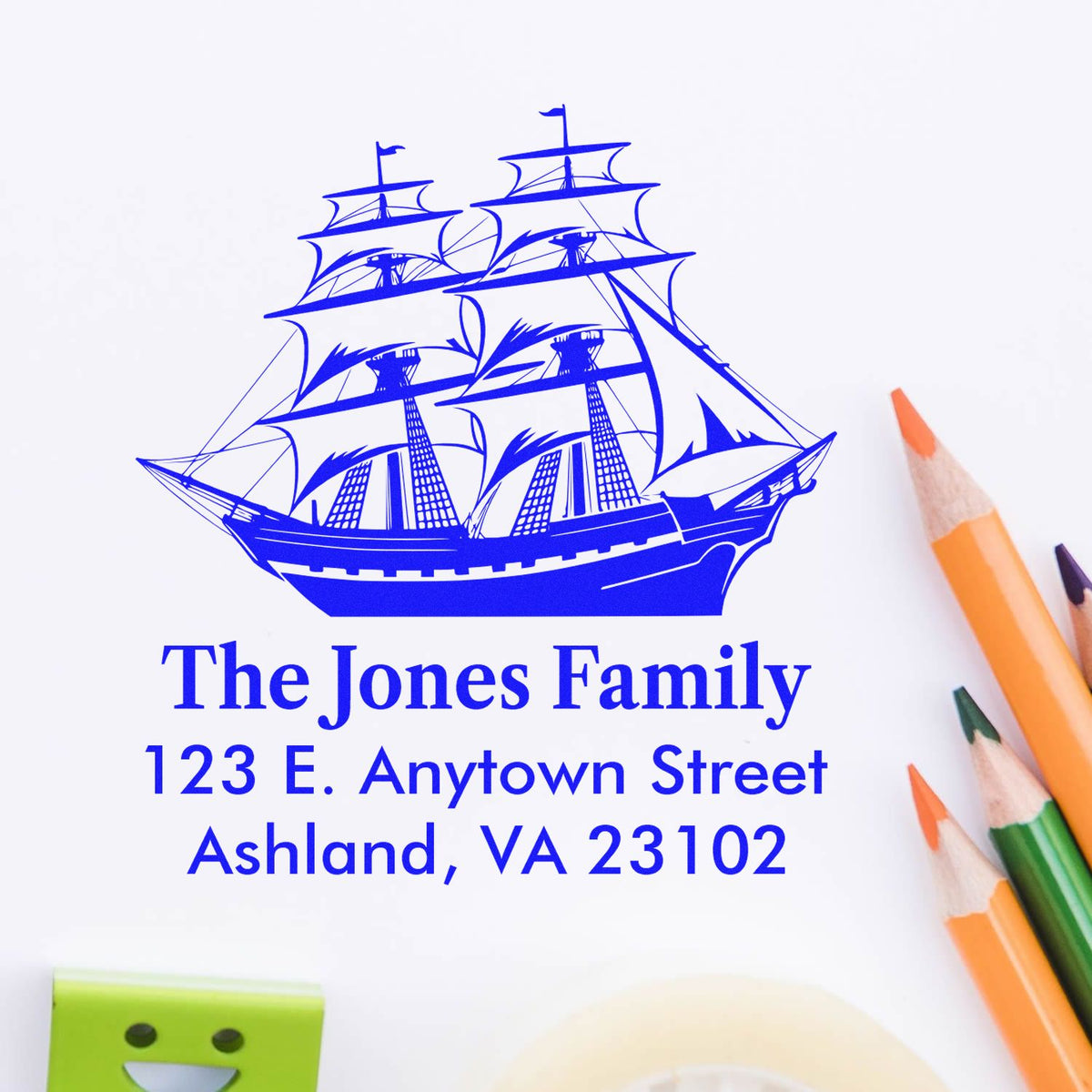 Personalized family address rubber stamp with ship design, The Jones Family, Ashland, VA 23102, for return mail.