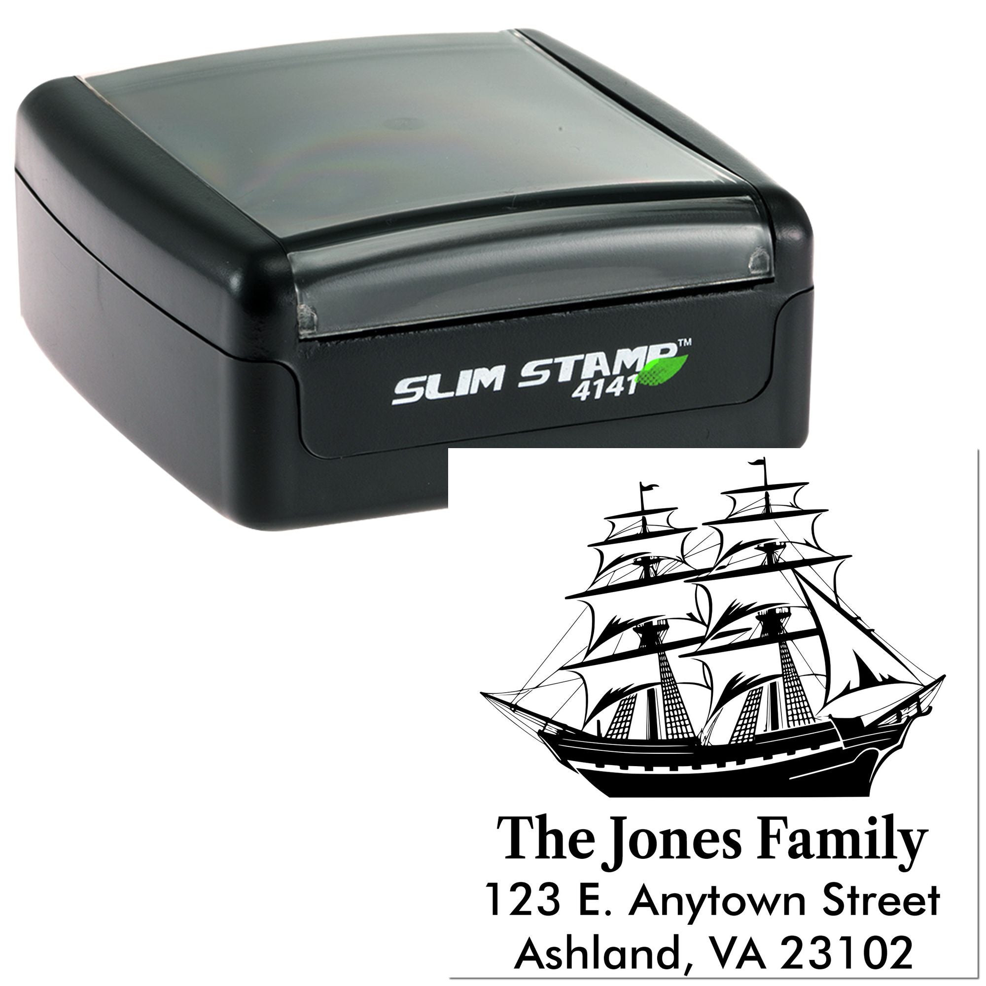 Slim Stamp self-inking rubber stamp with custom ship design and family return address for personalized mailing.