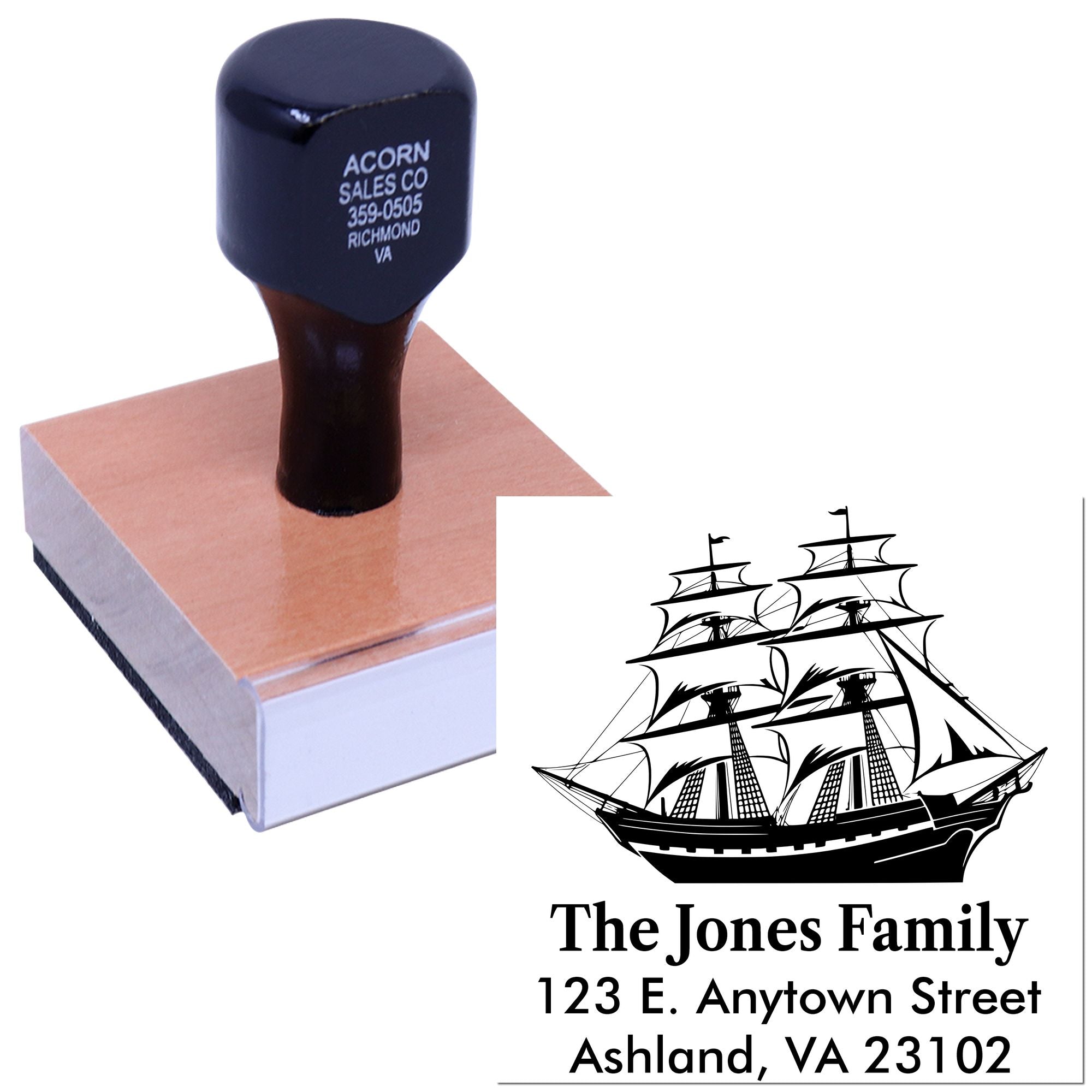 Personalized rubber address stamp with ship logo for family mailing labels and custom home address imprint.
