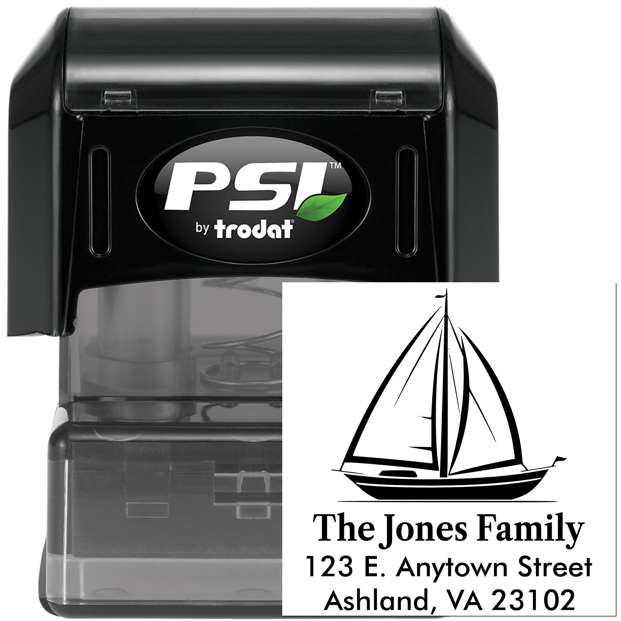 PSI by Trodat self-inking rubber address stamp with sailboat family return address design for The Jones Family, Ashland VA.