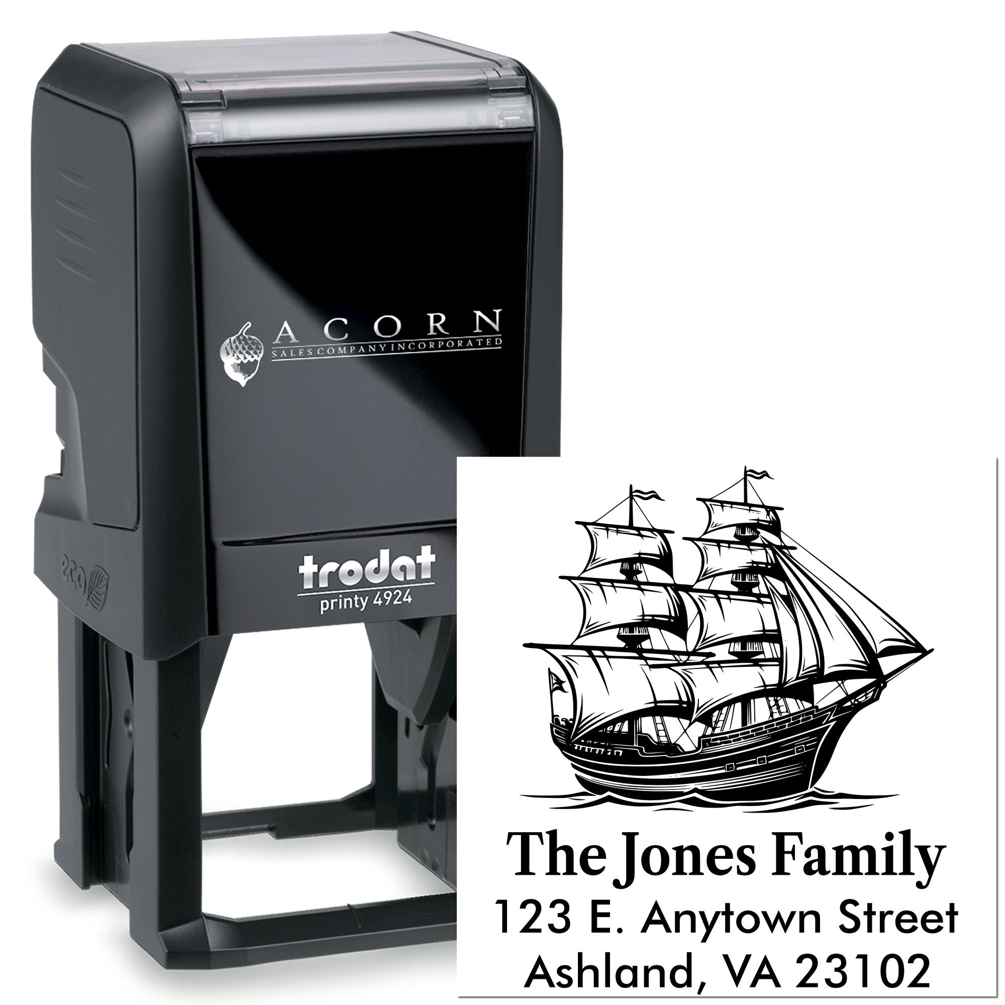 Custom self-inking rubber address stamp with ship design and family return address for personalized mail.