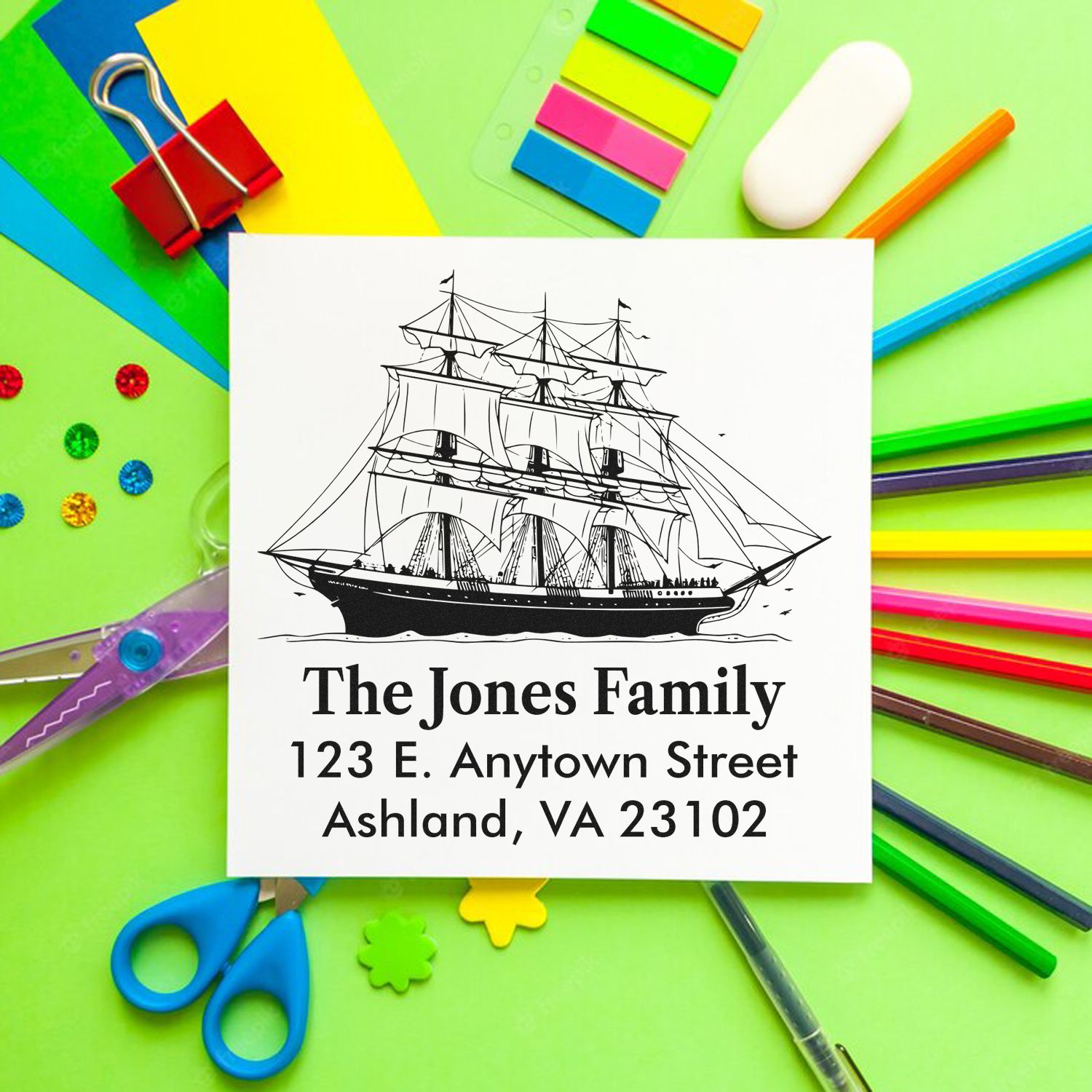 Custom return address rubber stamp with ship design for personalized mail, featuring The Jones Family and Ashland, VA address.