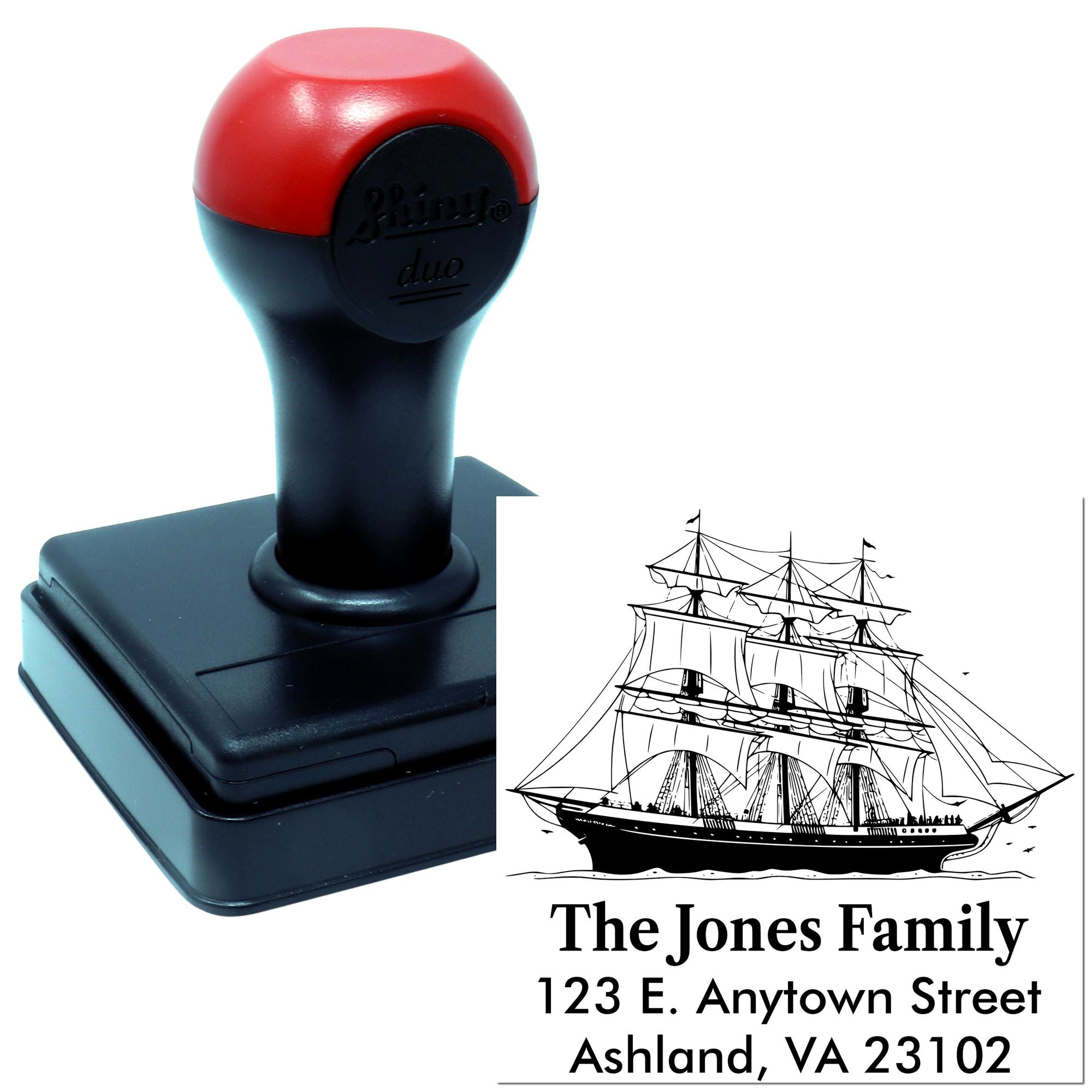 Custom self-inking rubber address stamp with sailing ship design for The Jones Family, Ashland VA 23102