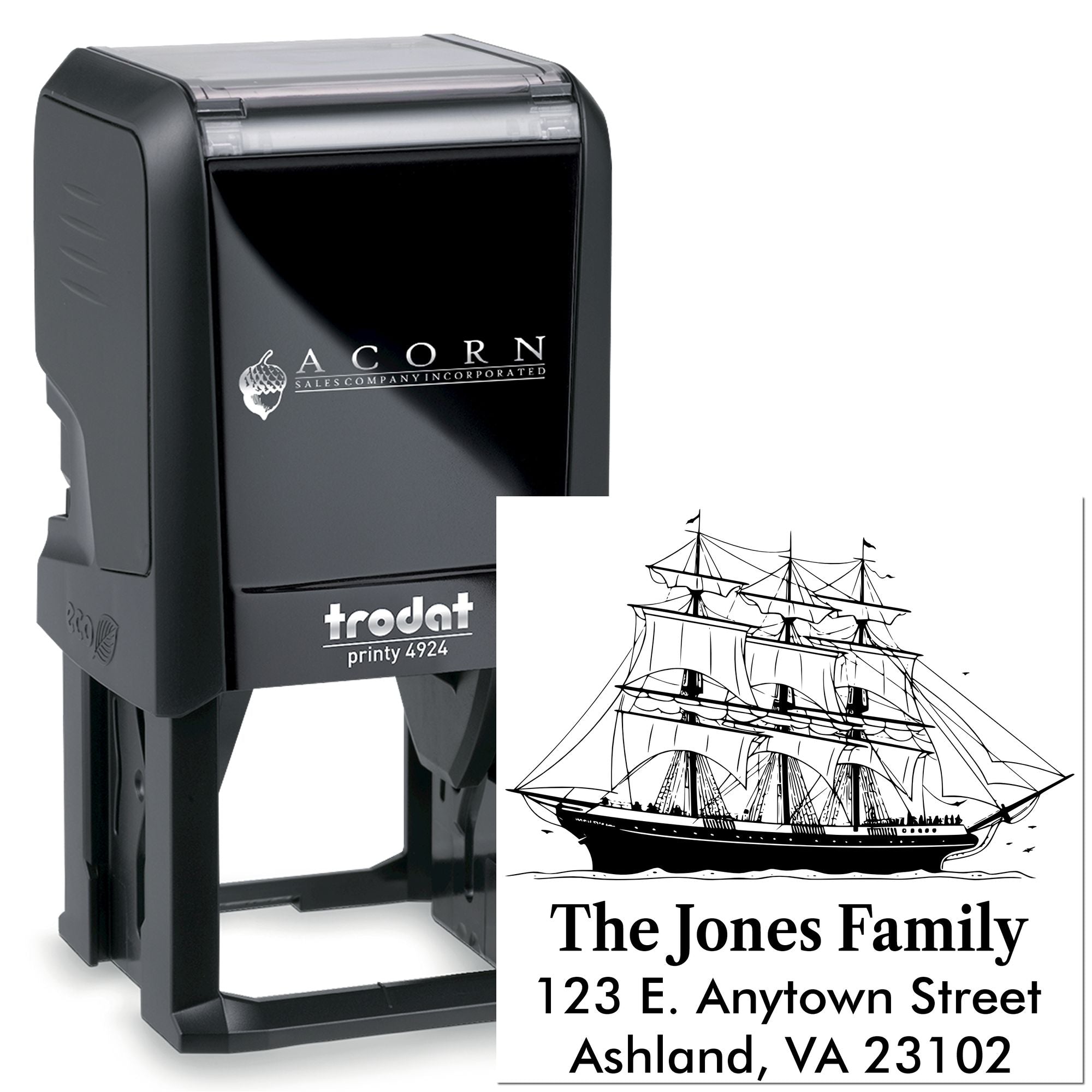 Custom nautical return address rubber stamp with ship design for personalized family mailing.