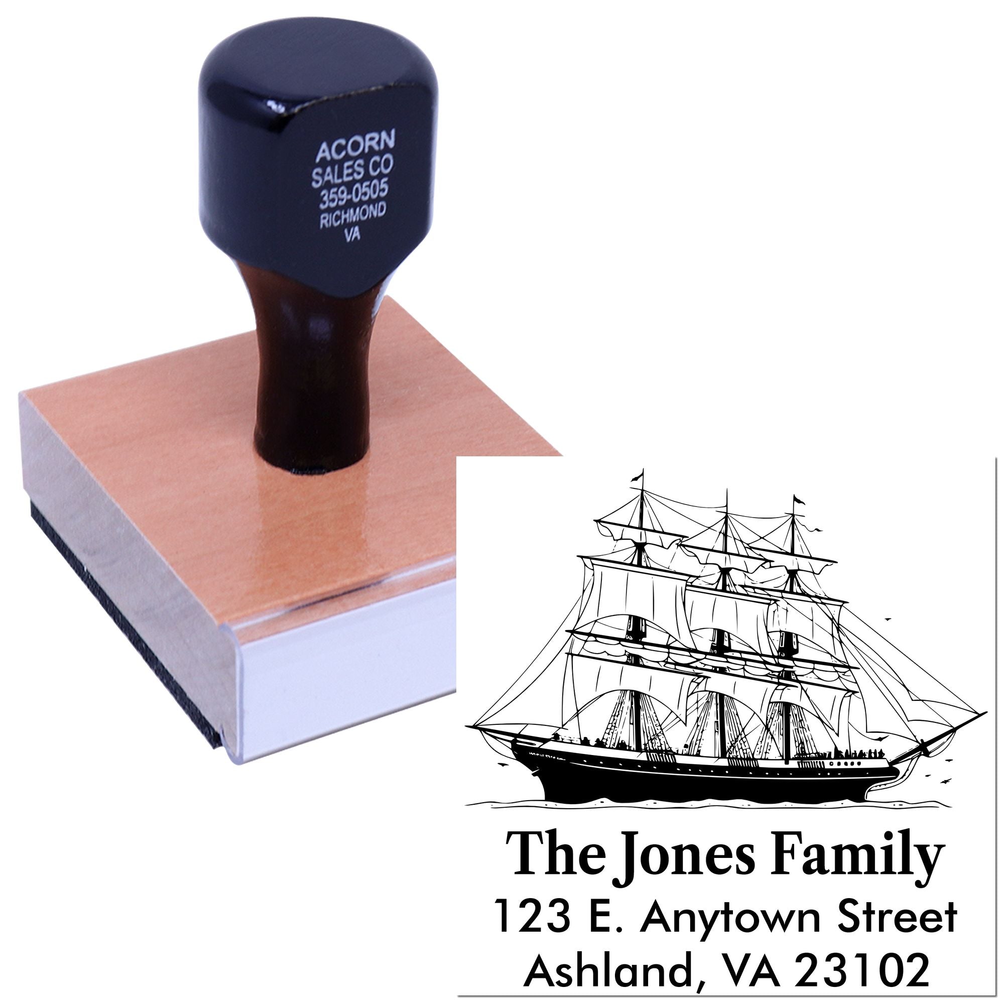Custom rubber stamp with nautical ship design and personalized return address imprint for family mailing labels.