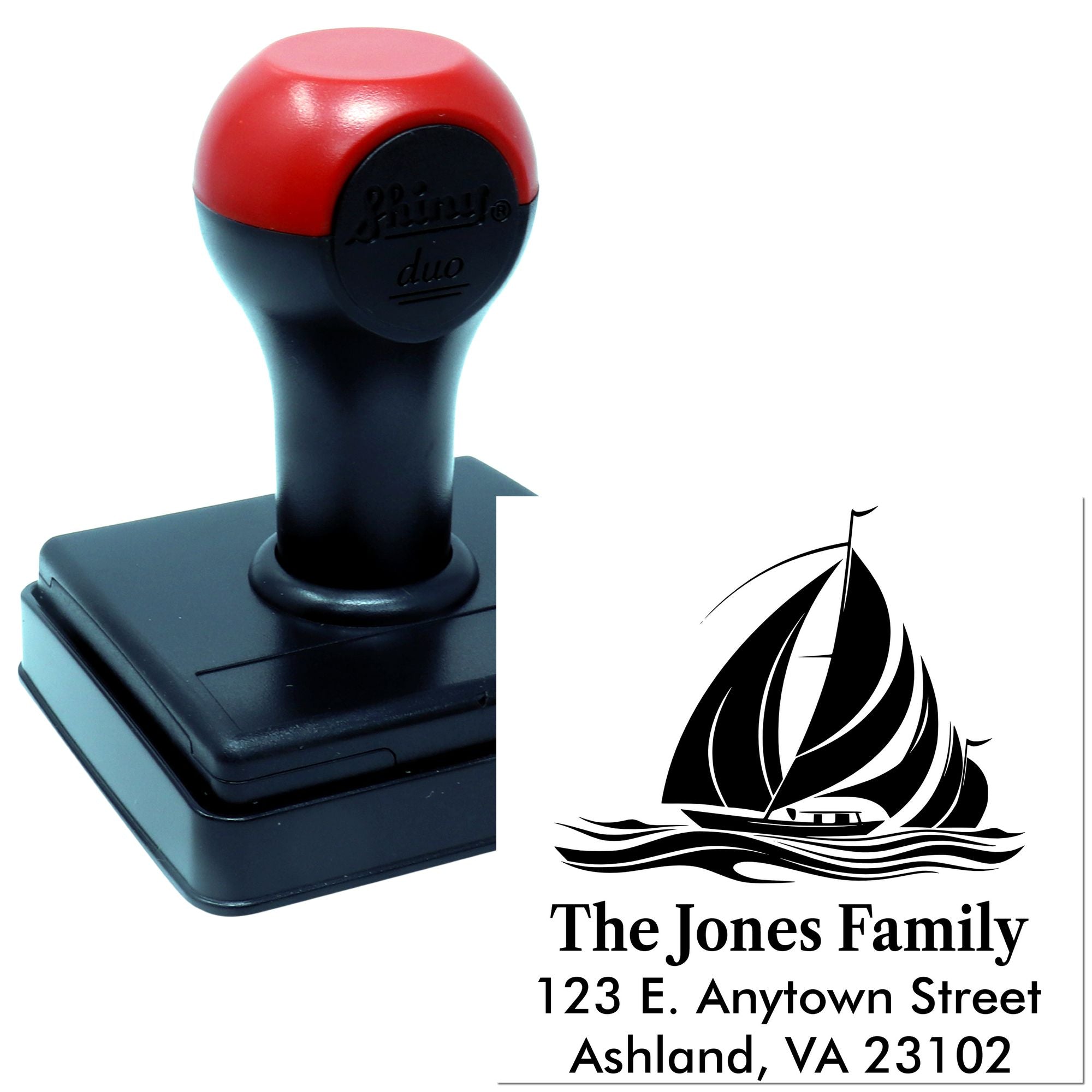 Custom self-inking return address rubber stamp for The Jones Family with sailboat design.
