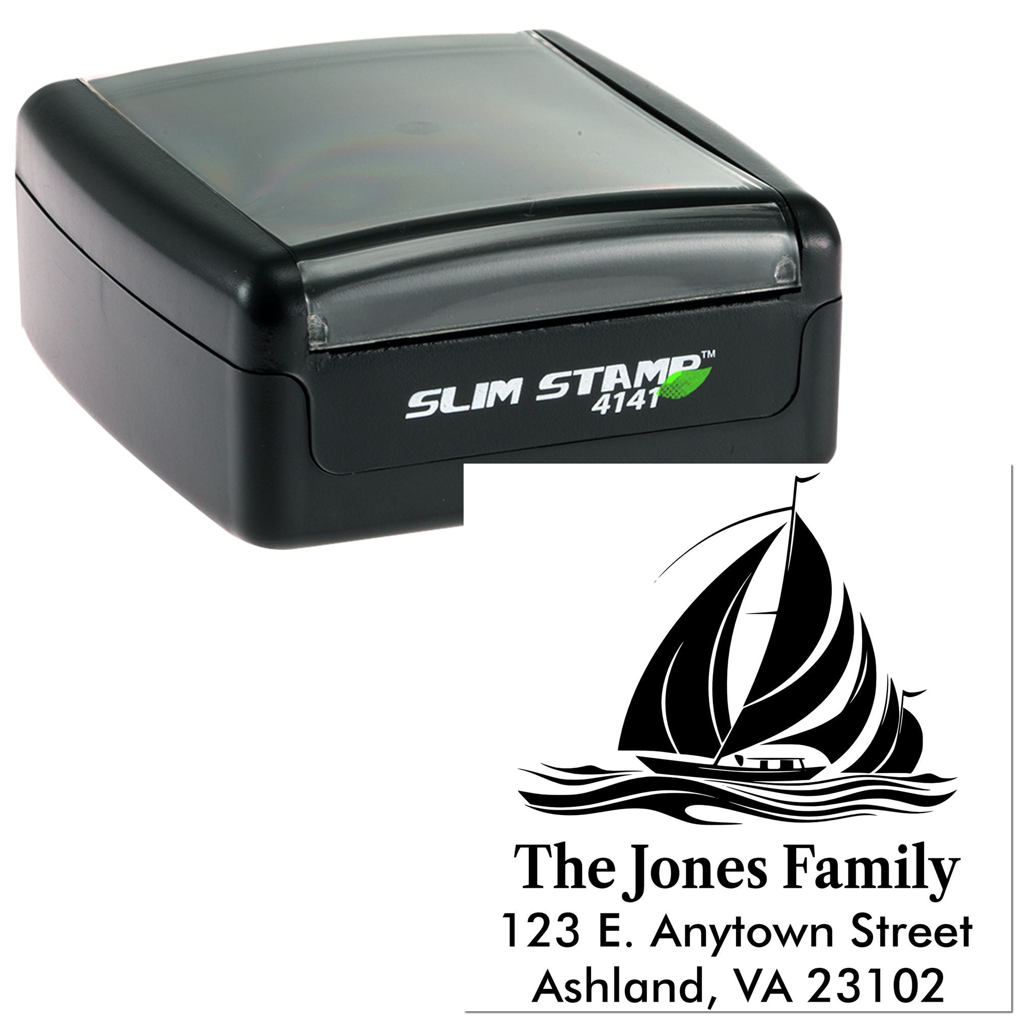 Custom self-inking rubber address stamp with sailboat design and family name, ideal for personalized mailing labels.