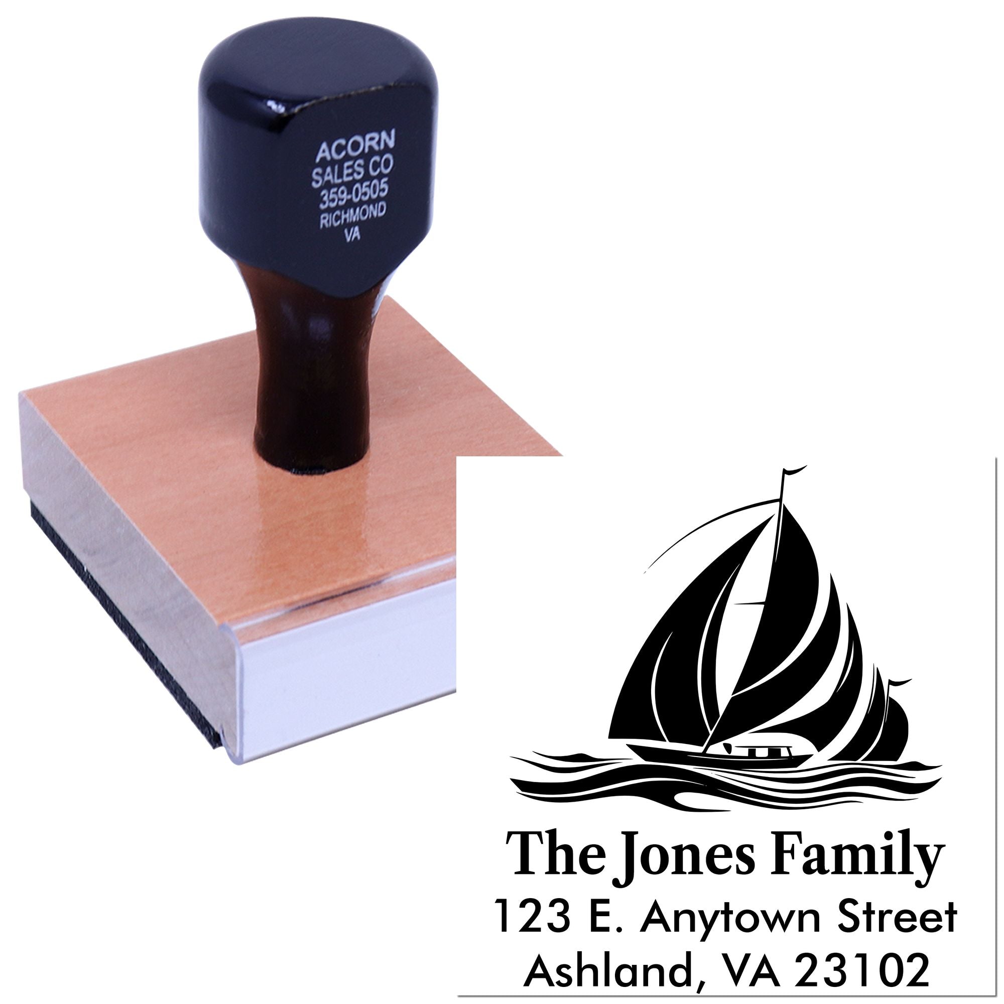 Custom family return address rubber stamp with sailboat design and address imprint for personalized mailing.