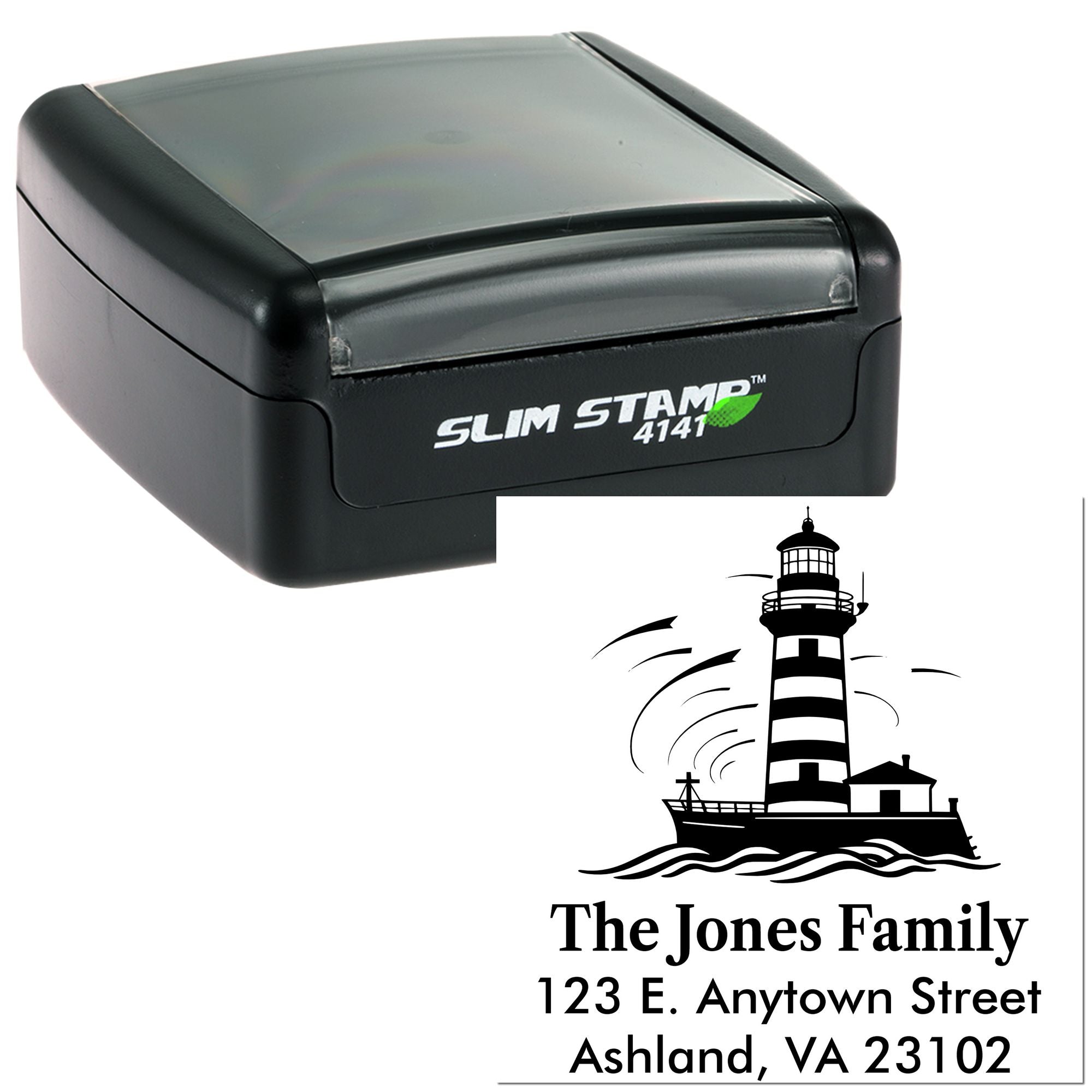 Custom self-inking rubber stamp with lighthouse family address design for personalized mail and stationery