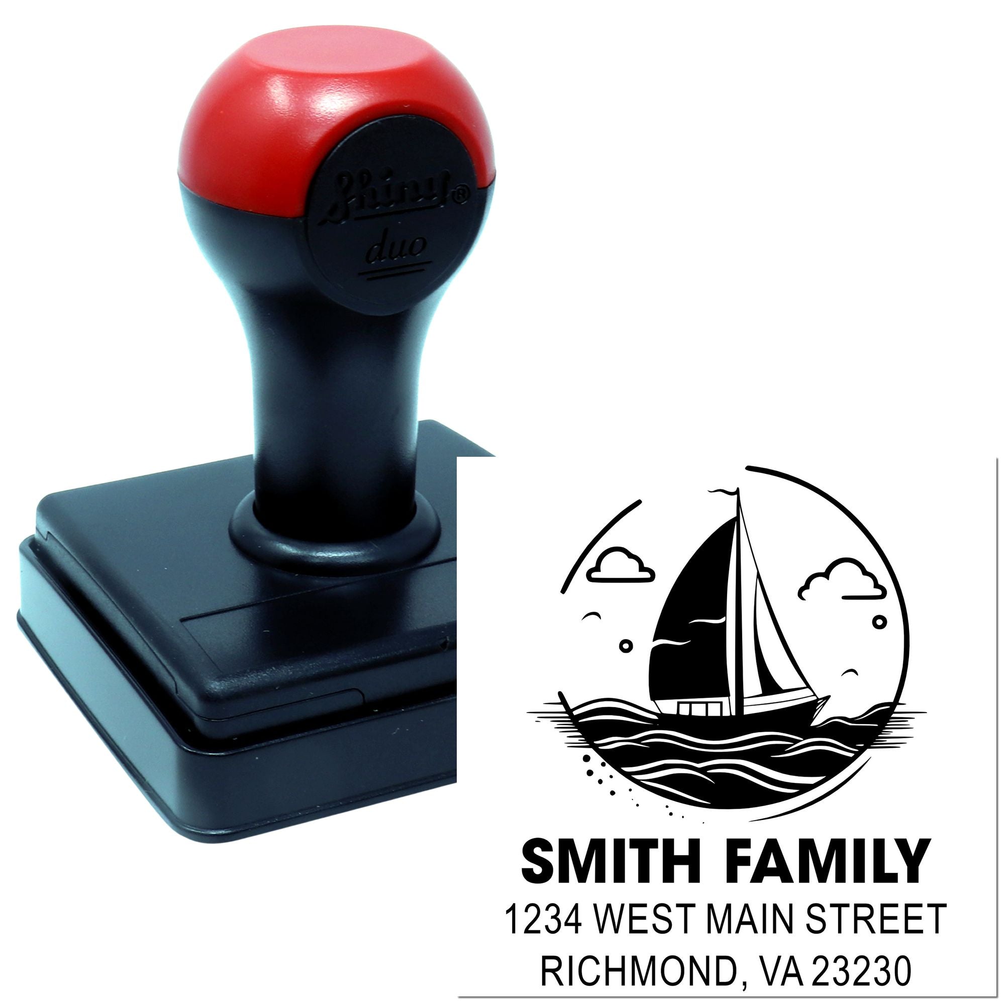 Custom self-inking address rubber stamp with sailboat logo for Smith Family, Richmond, VA 23230