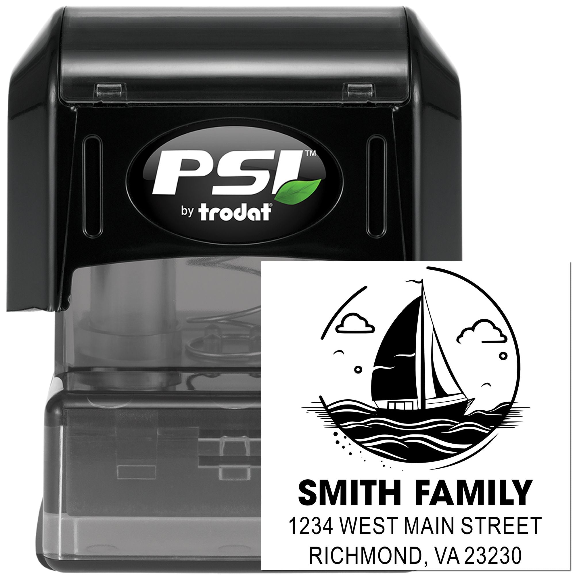 PSI by Trodat custom self-inking return address rubber stamp with sailboat family design and Richmond, VA address