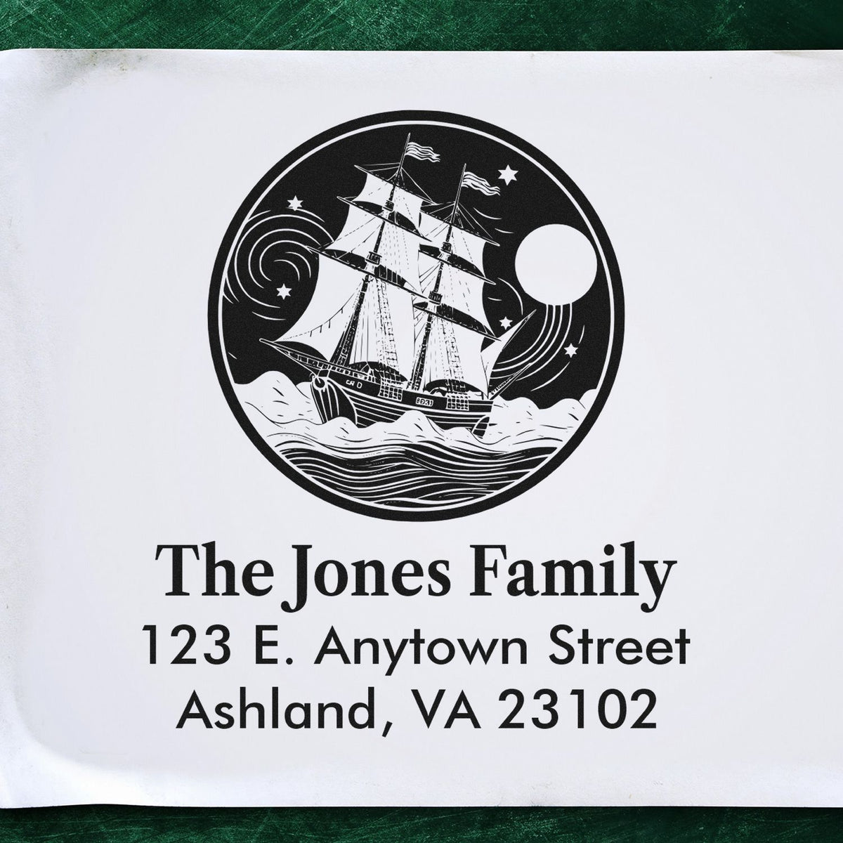 Personalized family address rubber stamp with sailboat design for The Jones Family, Ashland, VA 23102