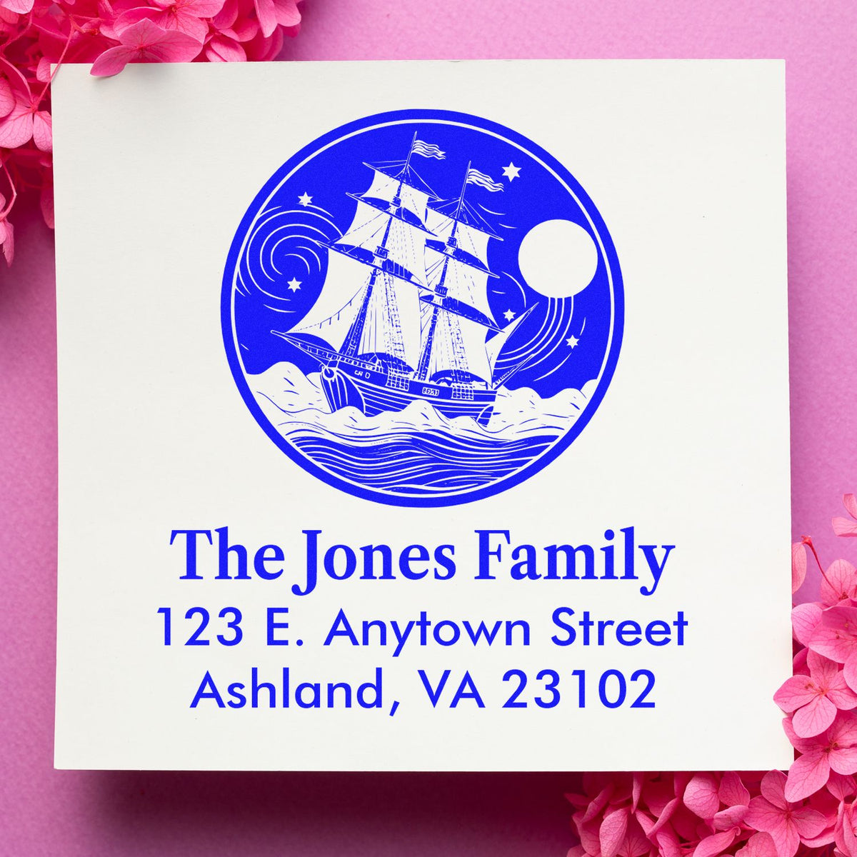 Custom family address rubber stamp with sailing ship design for The Jones Family, Ashland, VA 23102.