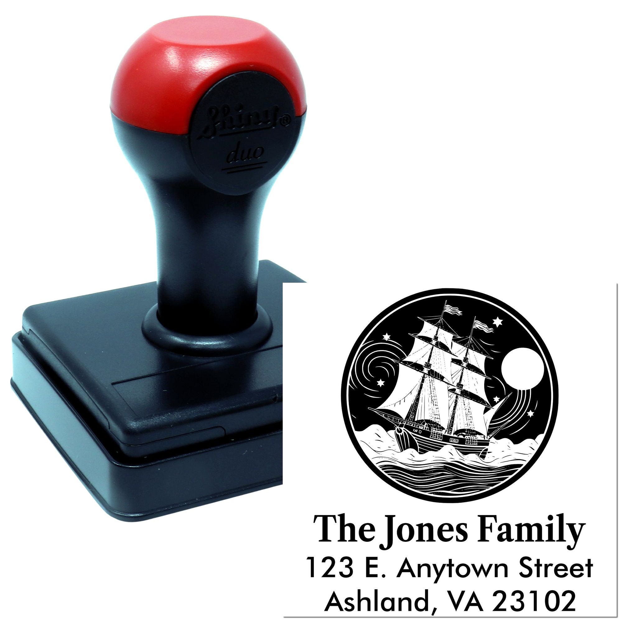 Custom self-inking return address rubber stamp with nautical ship logo for The Jones Family.
