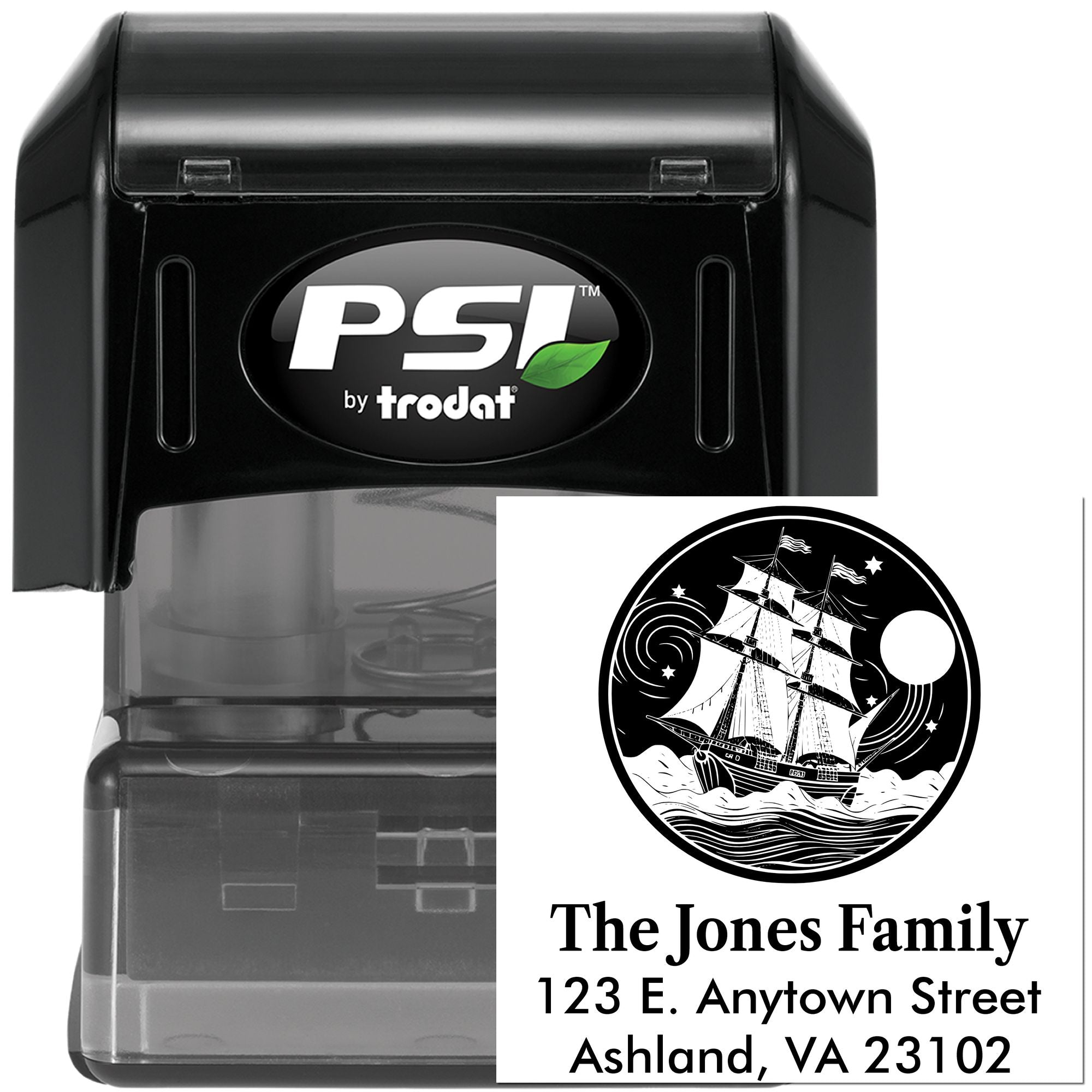 PSI by Trodat custom self-inking address rubber stamp with nautical family logo and return address design.