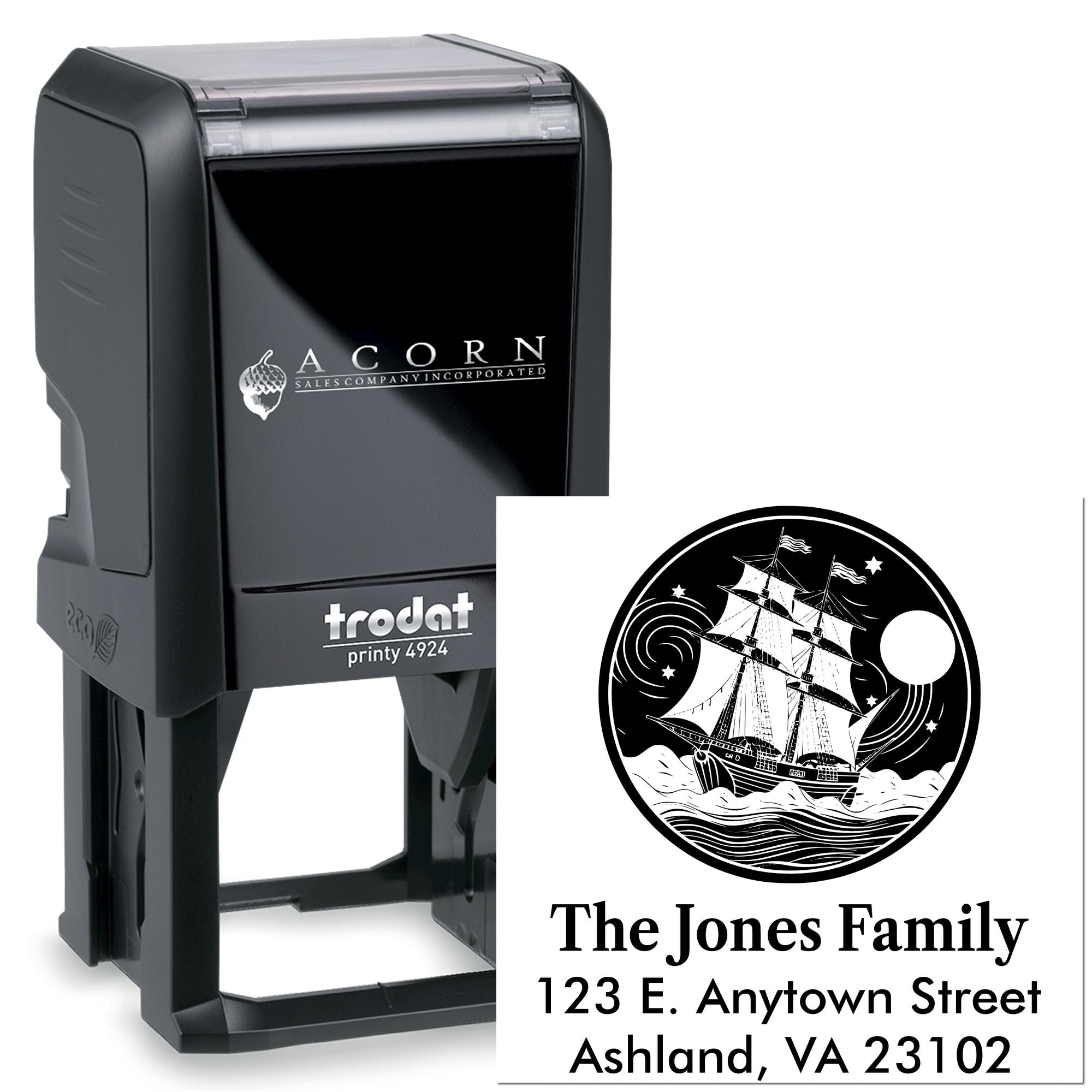 Custom self-inking address rubber stamp, Trodat Printy 4924, with nautical sailboat family name and address design.