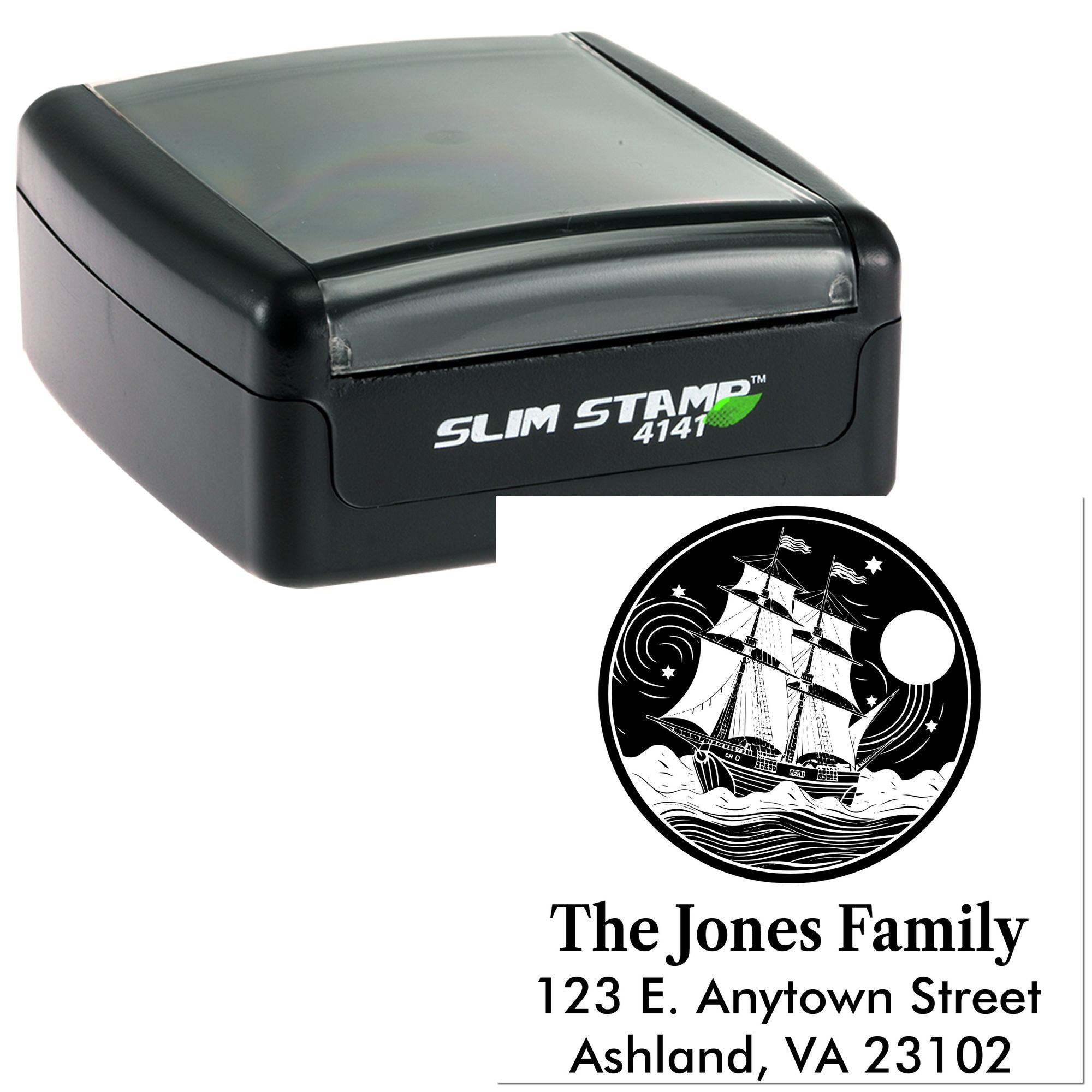 Custom self-inking return address rubber stamp with sailboat design for The Jones Family, Ashland VA 23102.