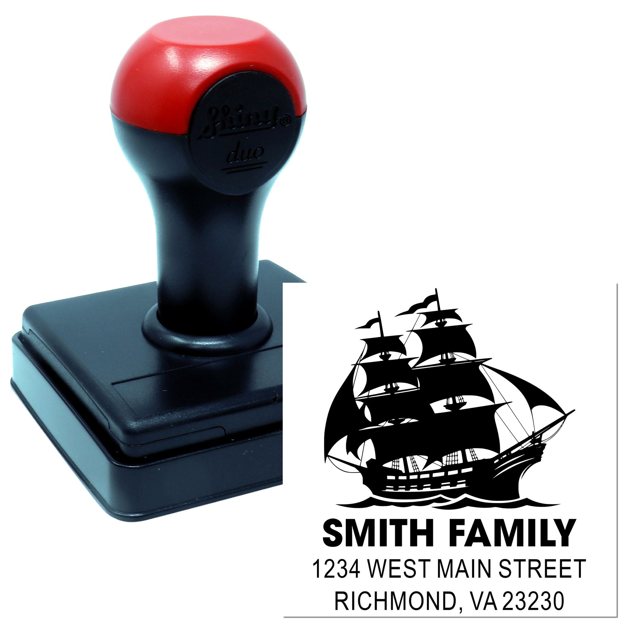 Custom self-inking rubber stamp with pirate ship design for Smith Family return address, Richmond, VA.