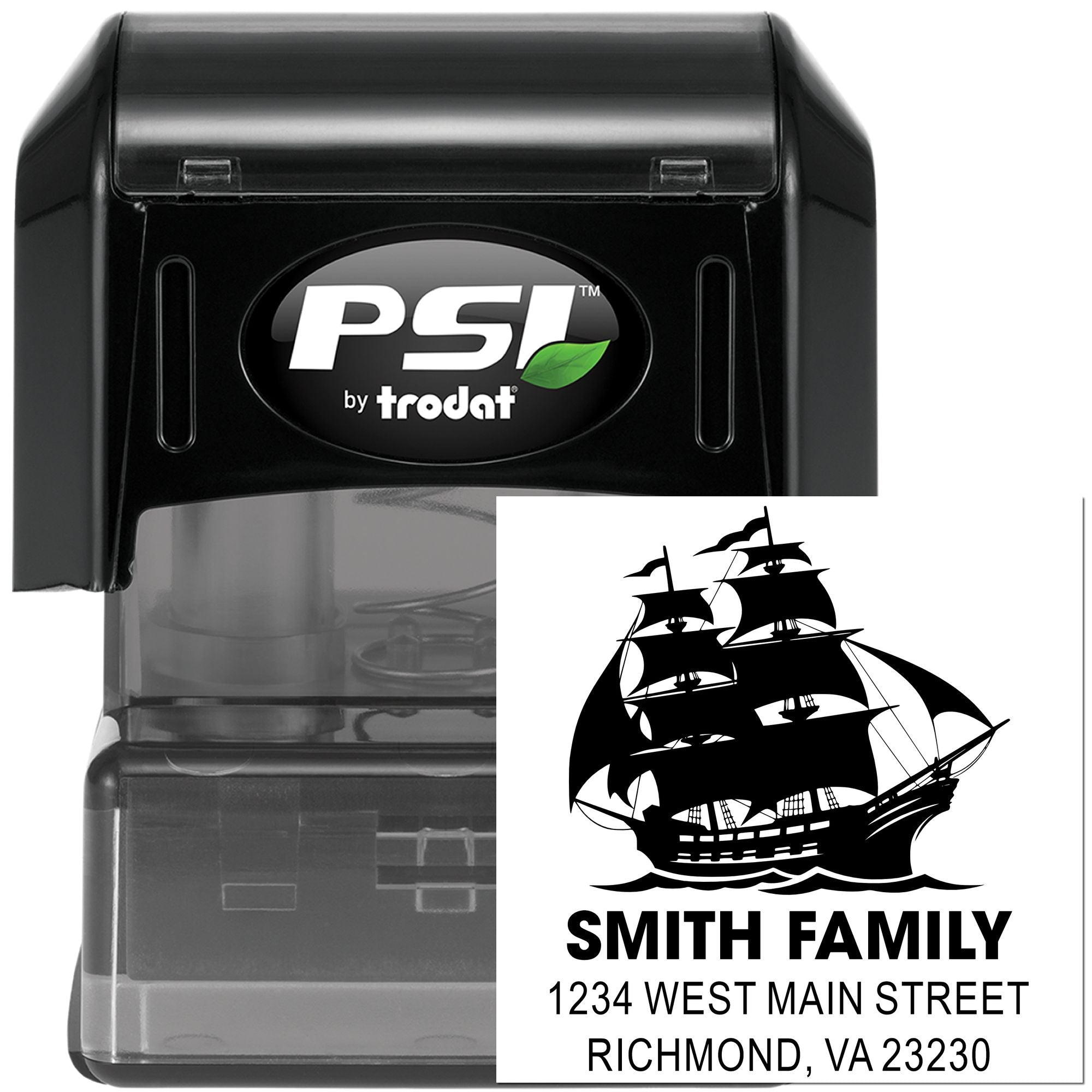 Custom self-inking rubber address stamp by PSI by Trodat with pirate ship design for Smith Family, Richmond VA.