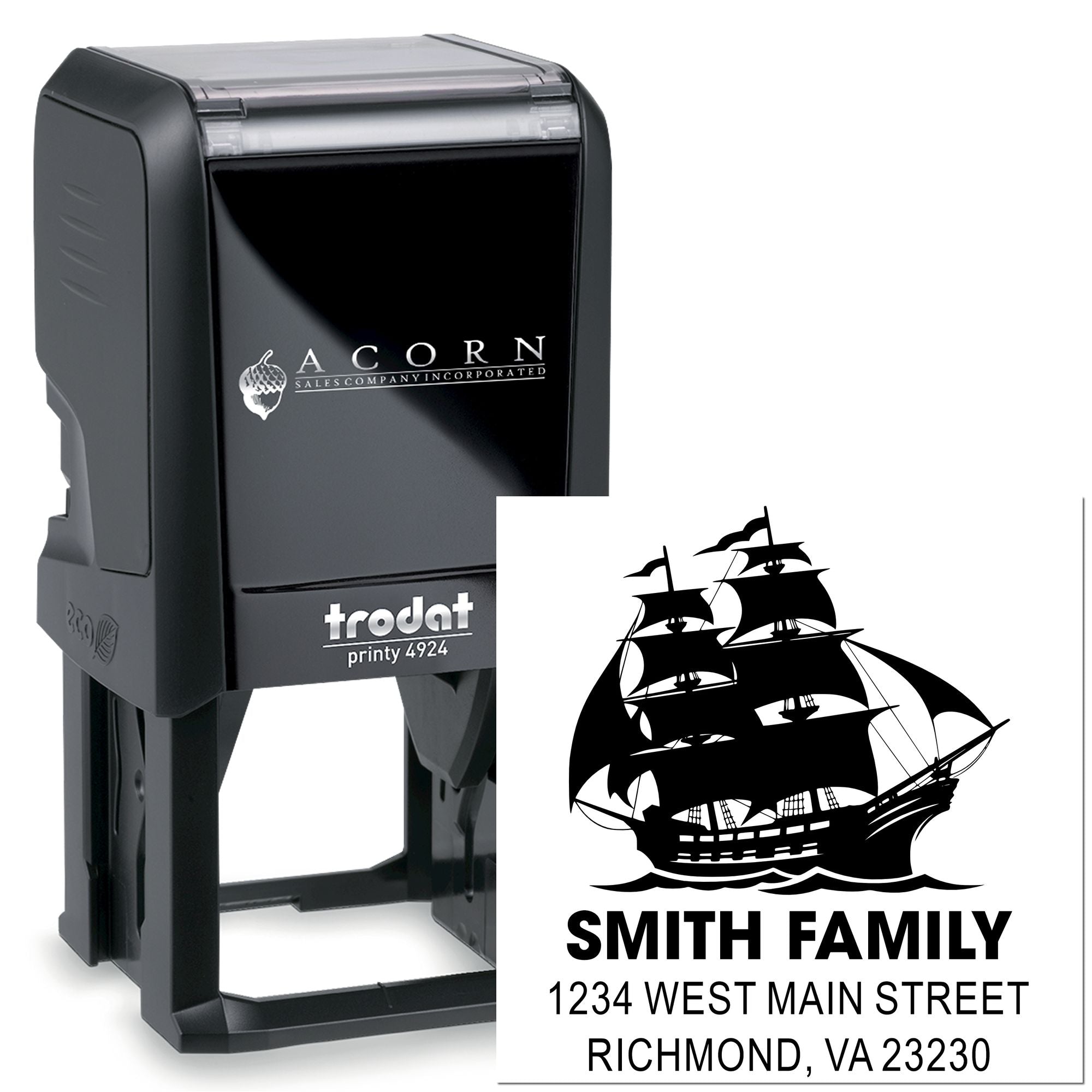 Custom self-inking Trodat rubber address stamp with ship design for family mailings, Smith Family, Richmond, VA.