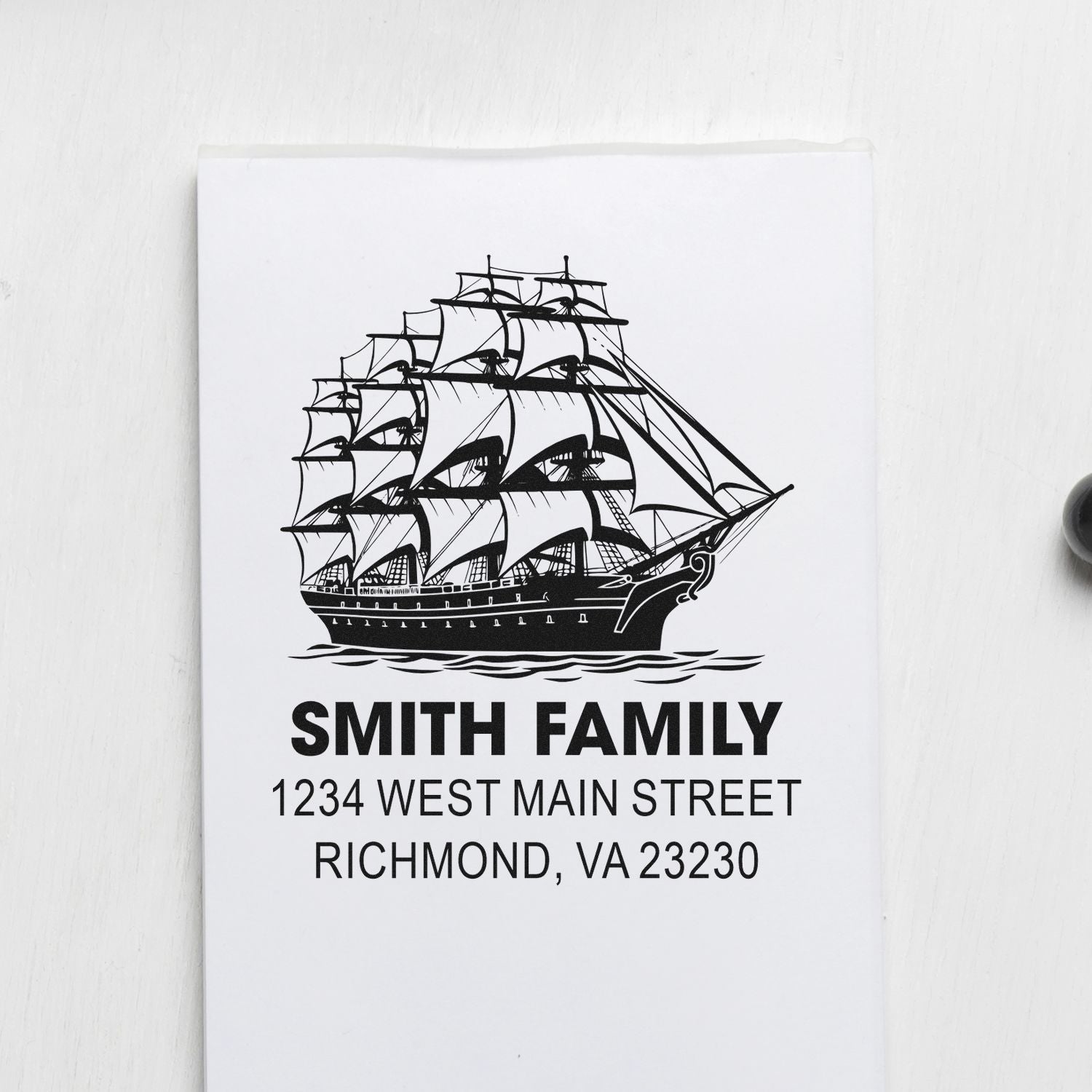 Custom family return address rubber stamp with tall ship design, Smith Family, Richmond VA 23230